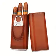 premium 3 finger brown leather cigar case with cedar wood lined humidor silvery stainless steel cutter details 1