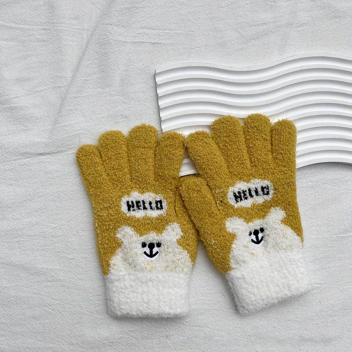 Cartoon Small Bear Knit Gloves Short Contrast Color Touchscreen Gloves  Autumn Winter Thick Soft Warm Split Finger Gloves