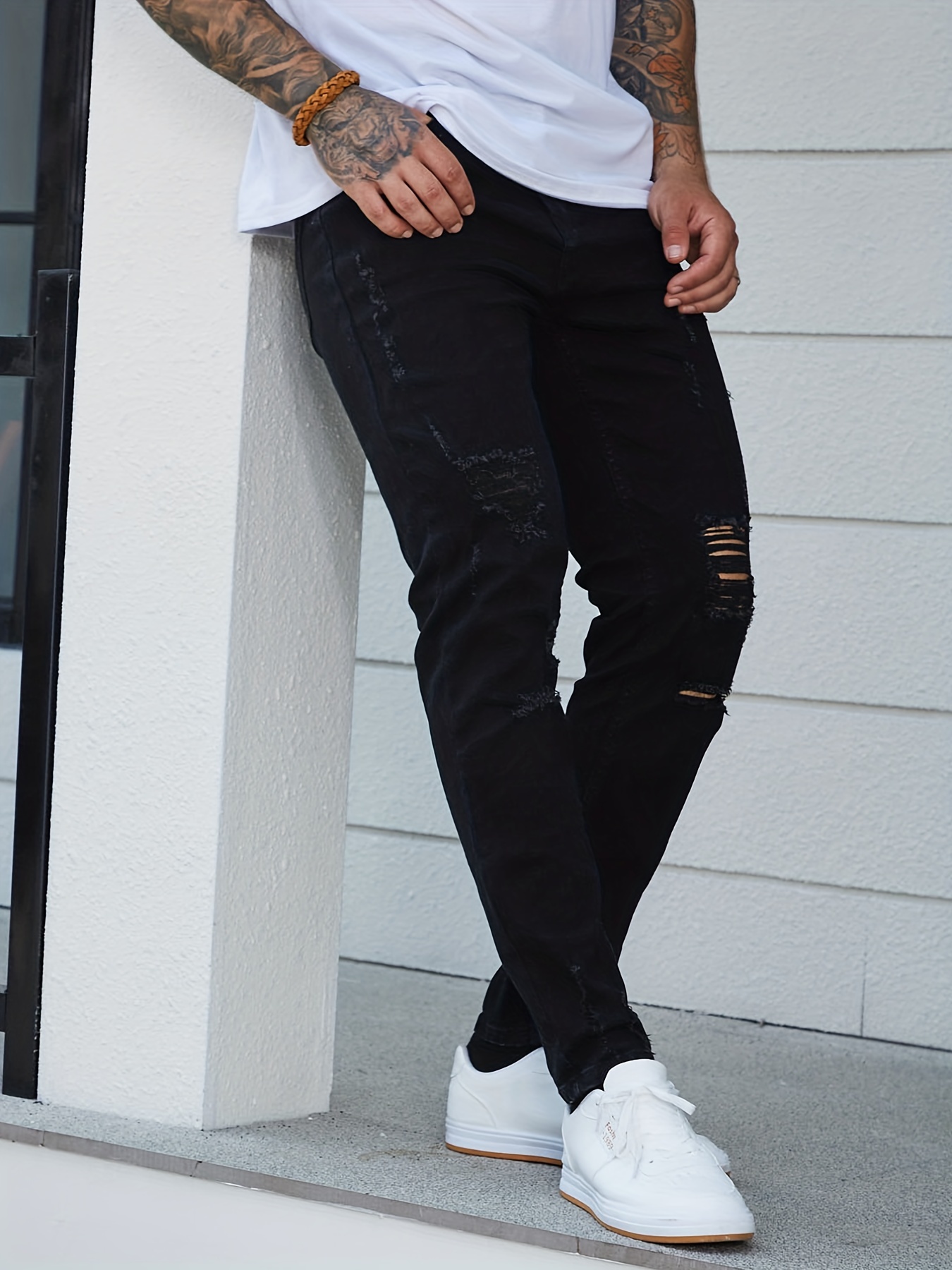 Slim Fit Ripped Cotton Jeans Men's Casual Street Style - Temu