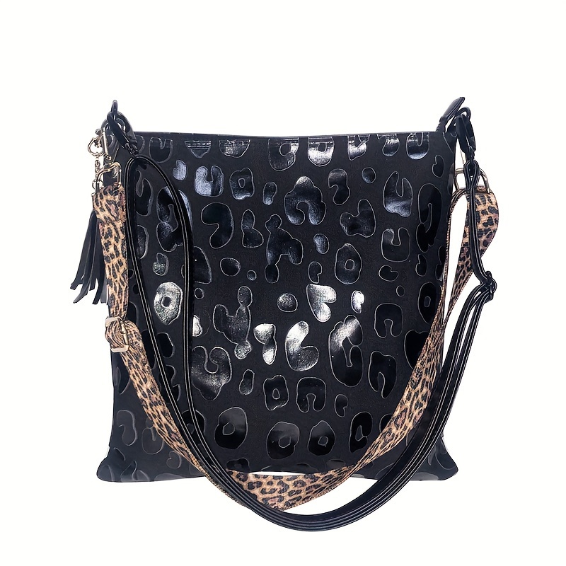 Women Shoulder Bag Leopard Guitar Strap Purse Bucket Cross Body Purse