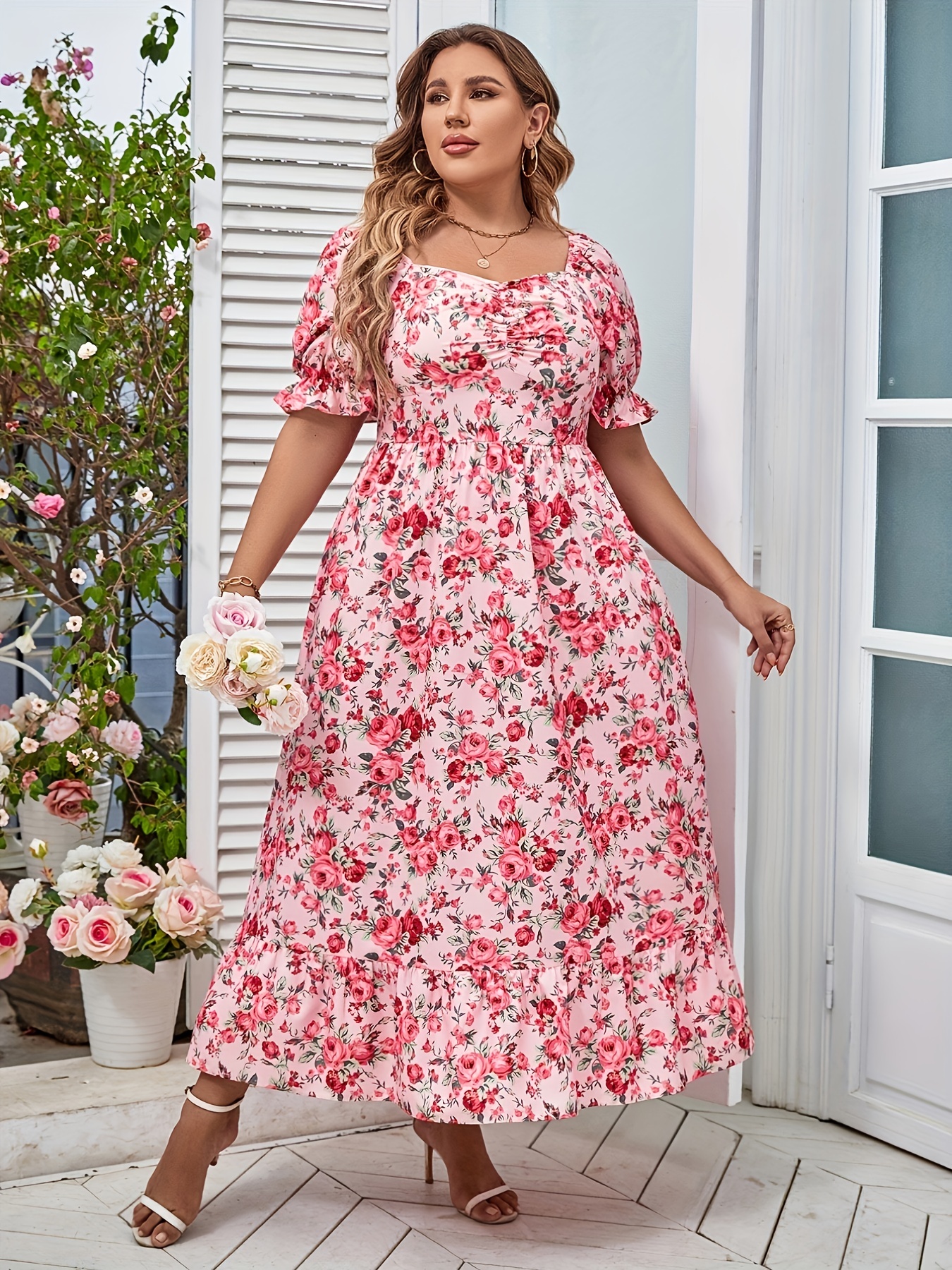 Plus Size Elegant Dress Women's Plus Floral Print Bubble - Temu