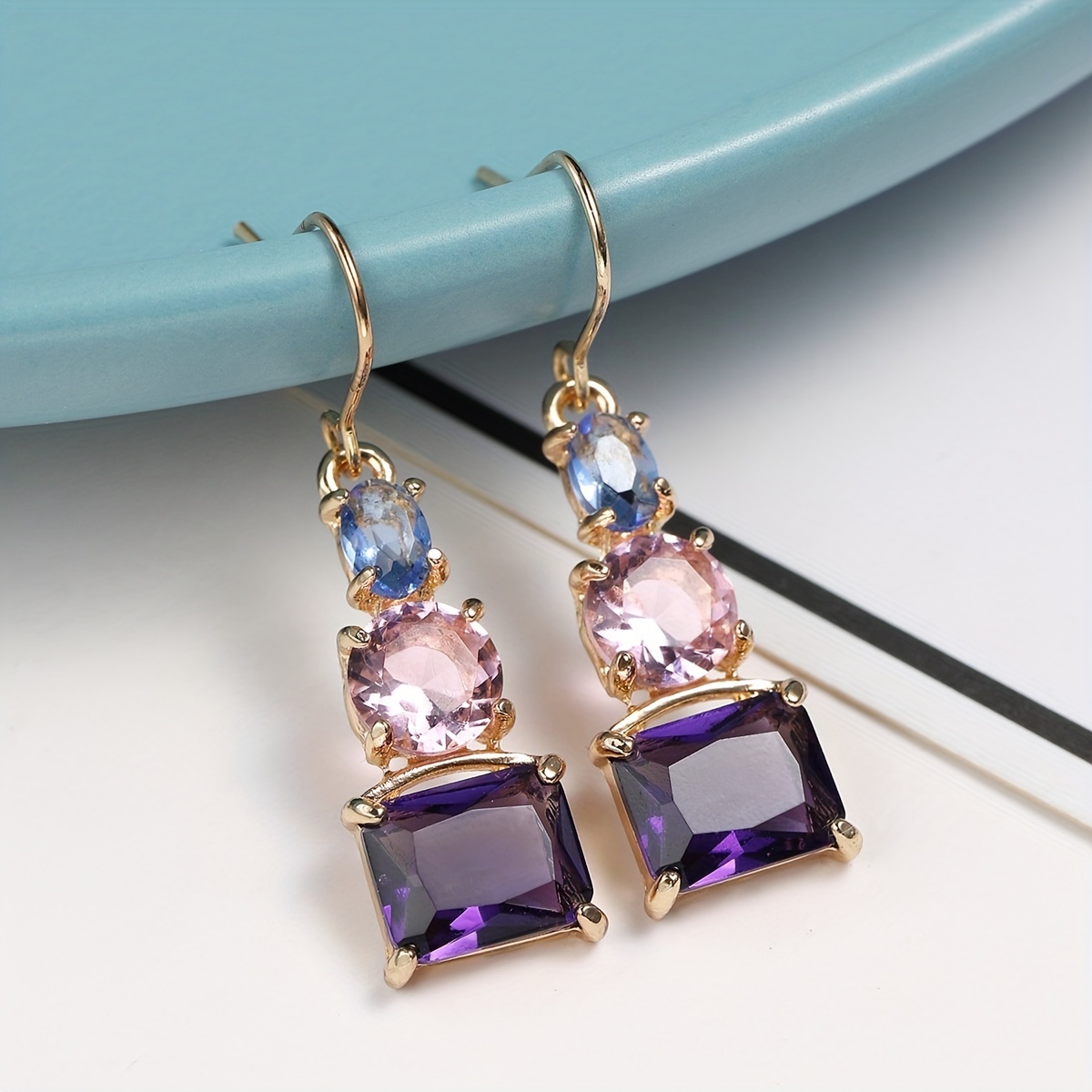 

1pair New Fashionable Amethyst Topaz Earrings For Men, Elegant Blue Pink Mixed Colors Square Zircon Golden Plated Earrings