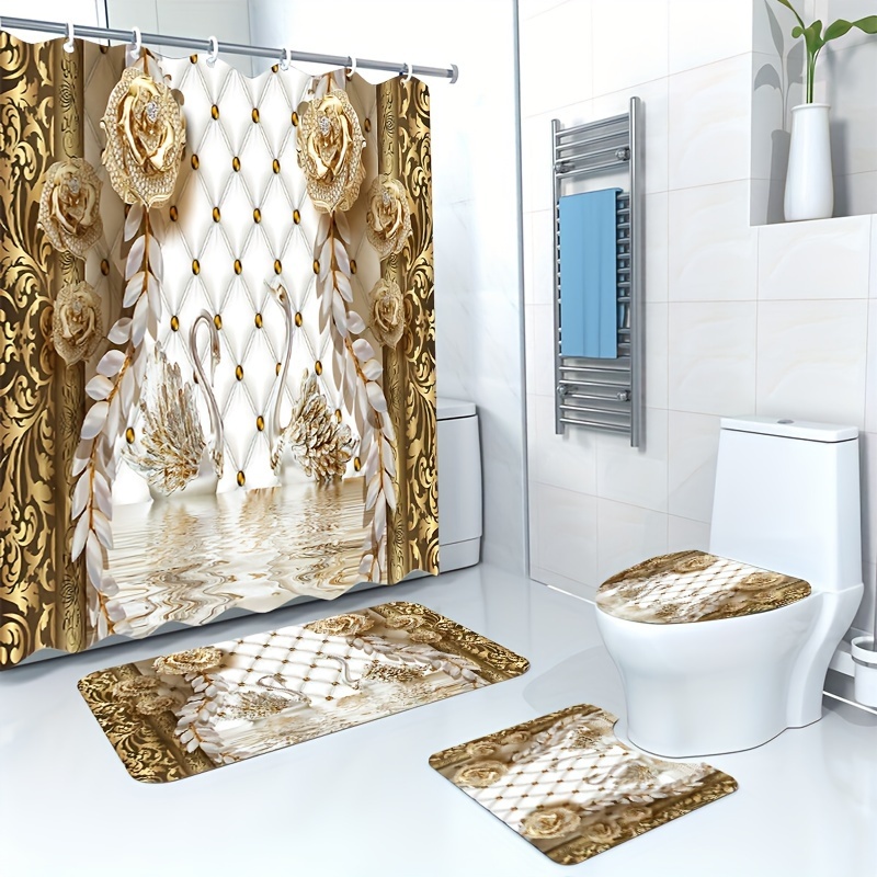 Golden Floral Print Shower Curtain Set, Bathroom Rug, U-shape Mat