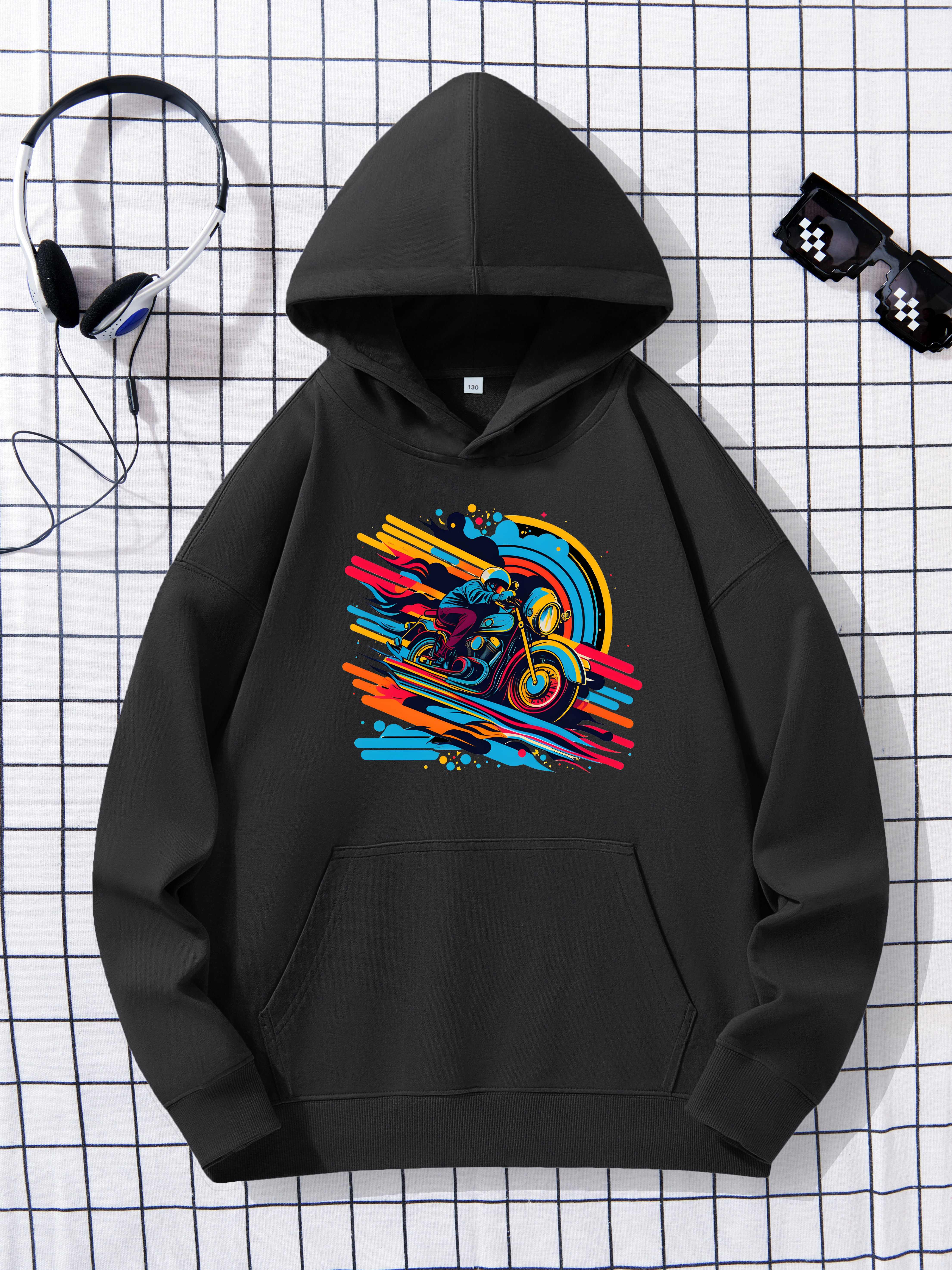 Cool Colorful Rider Print Boys Casual Pullover Long Sleeve Hoodies Boys Hooded Top For Spring Fall Kids Hoodie Tops Outdoor