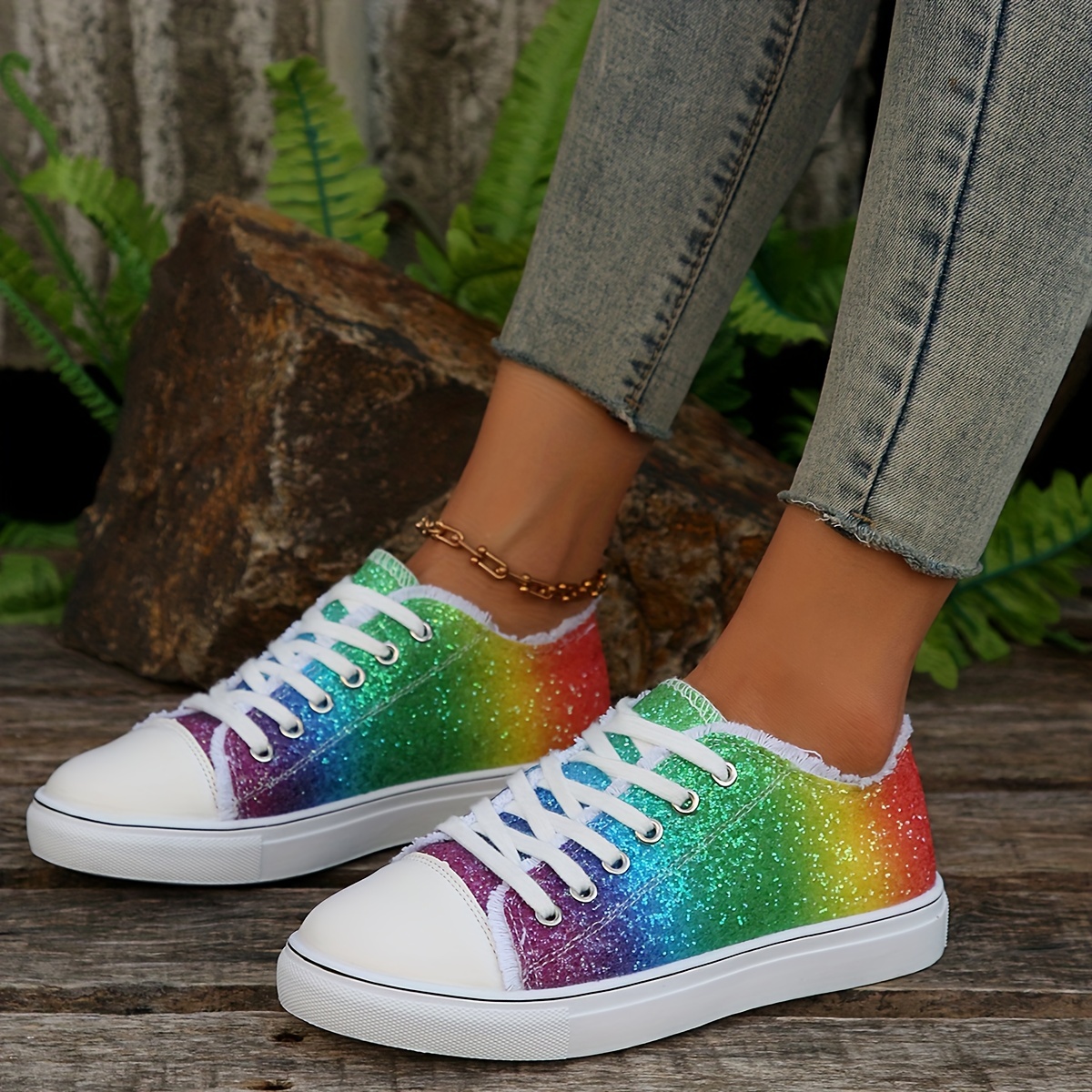 Canvas Shoes for Women with Glitter Rainbow - Stylish and Comfortable Low  Top Shoes for Outdoor Activities