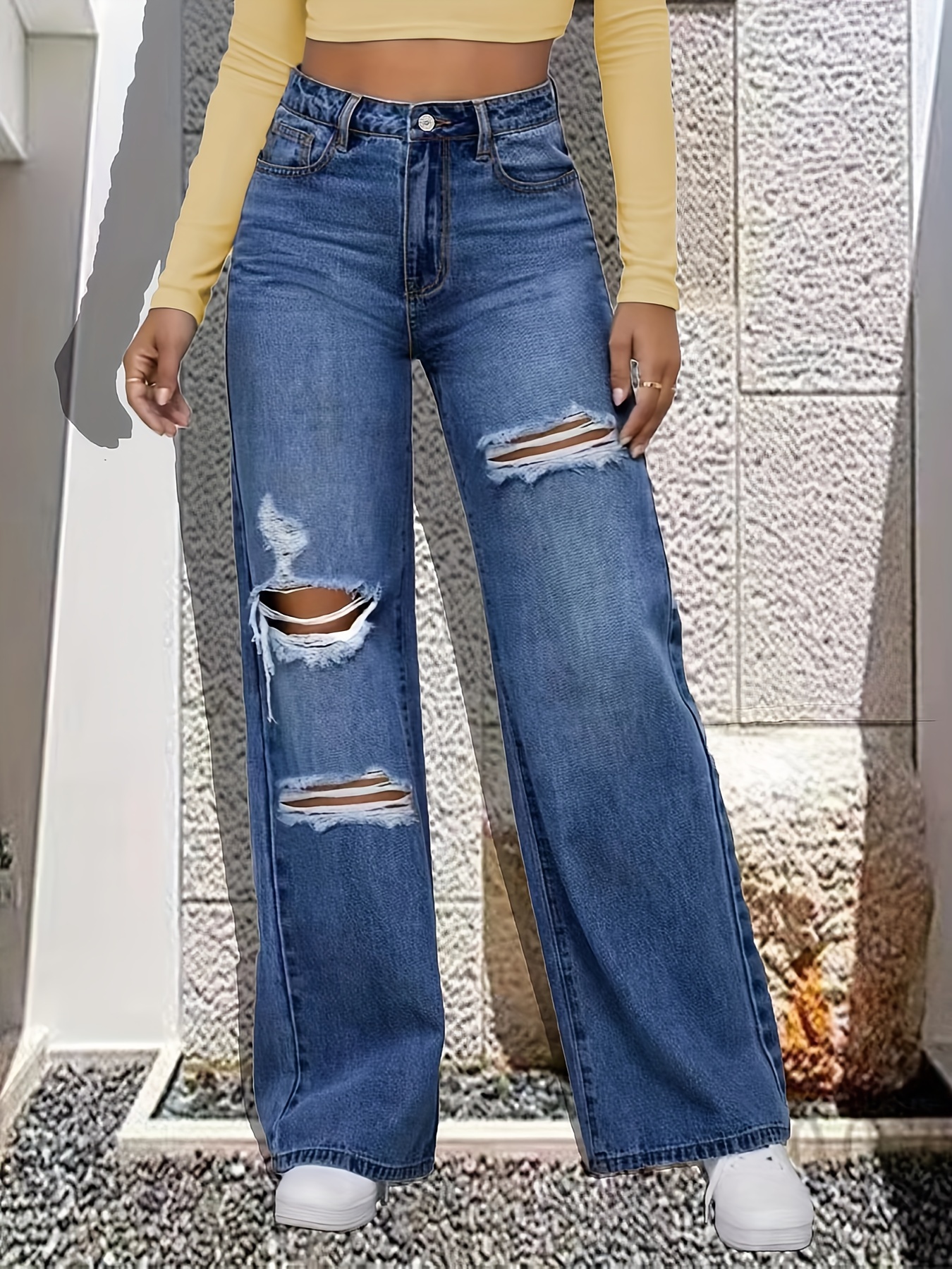 Ripped High Wide Leg Jeans Whiskering Loose Medium - Temu Canada