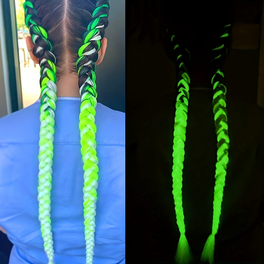 24 Inches 100g Glowing Synthetic Jumbo Braids Fluorescent Green Shinning  Hair In The Darkness Crochet Braiding