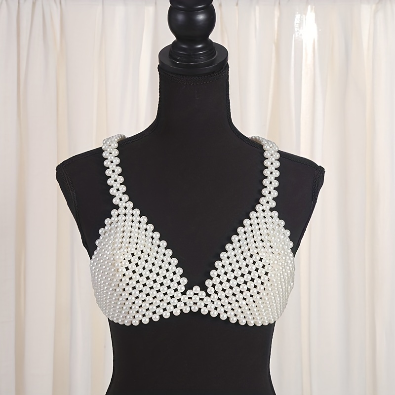 SUNSIOM Pearls Beaded Crop Top for Women Pearl Body Chain Bra