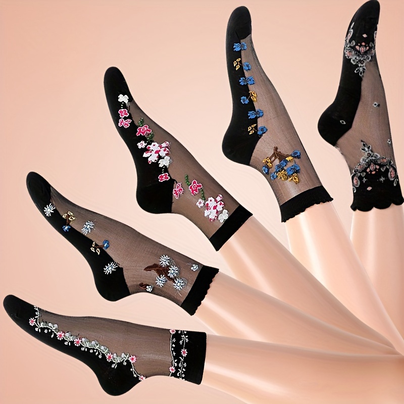 

5 Pairs Floral Jacquard Socks, Soft & Breathable Thin Mesh Socks, Women's Stockings & Hosiery