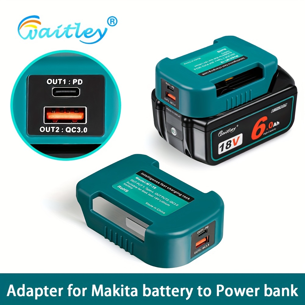 マキタ 18V 14V バッテリー BL1860 バッテリー用デュアル出力インターフェース付きアダプター 1 個 モバイルバッテリーに変換  高速充電ポータブルラック USB 出力インターフェースと Type-C 出力インターフェース付き