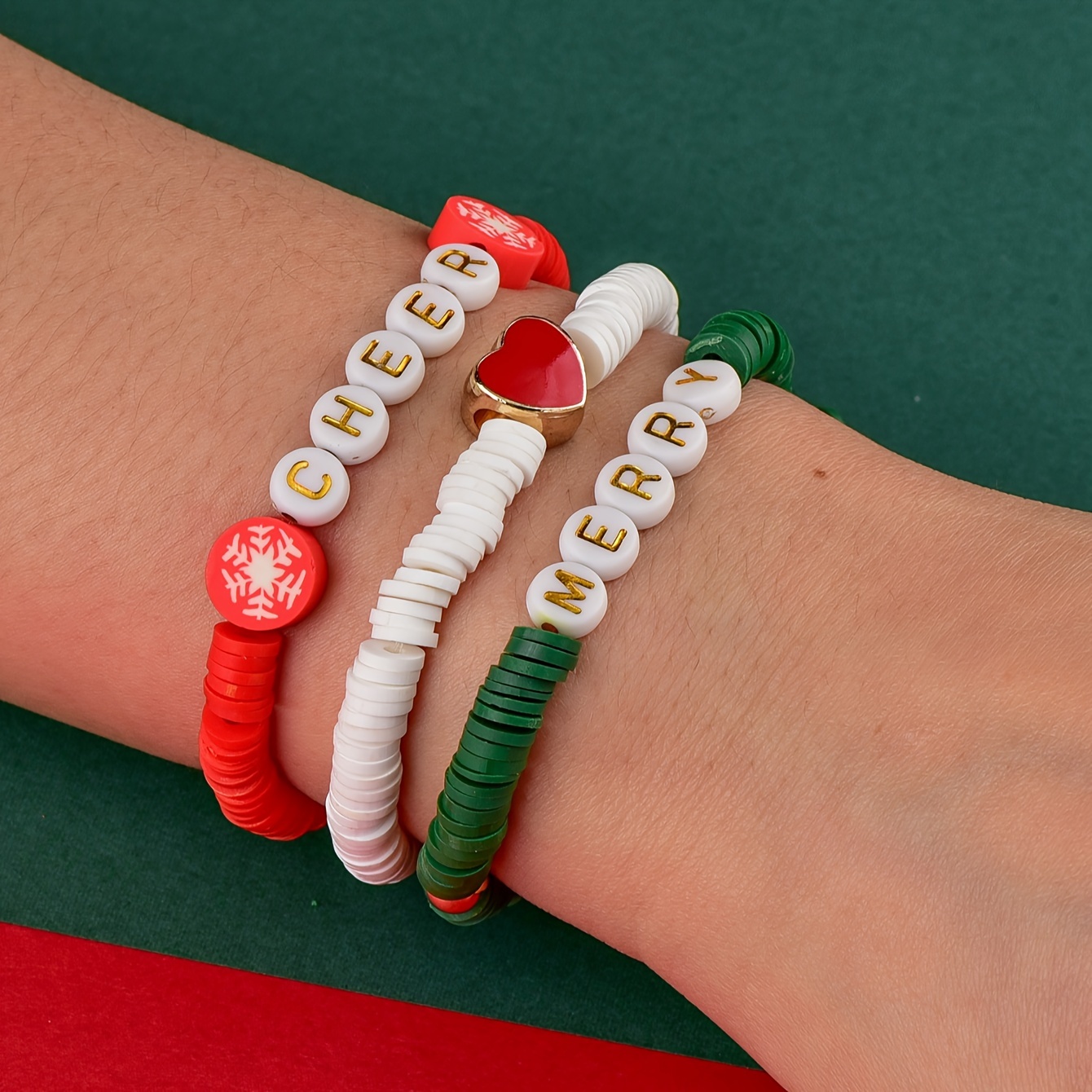 6pcs Red Green White Soft Clay Beads Beaded Bracelet Set Stackable Stretch  Friendship Hand String Jewelry Xmas Gift