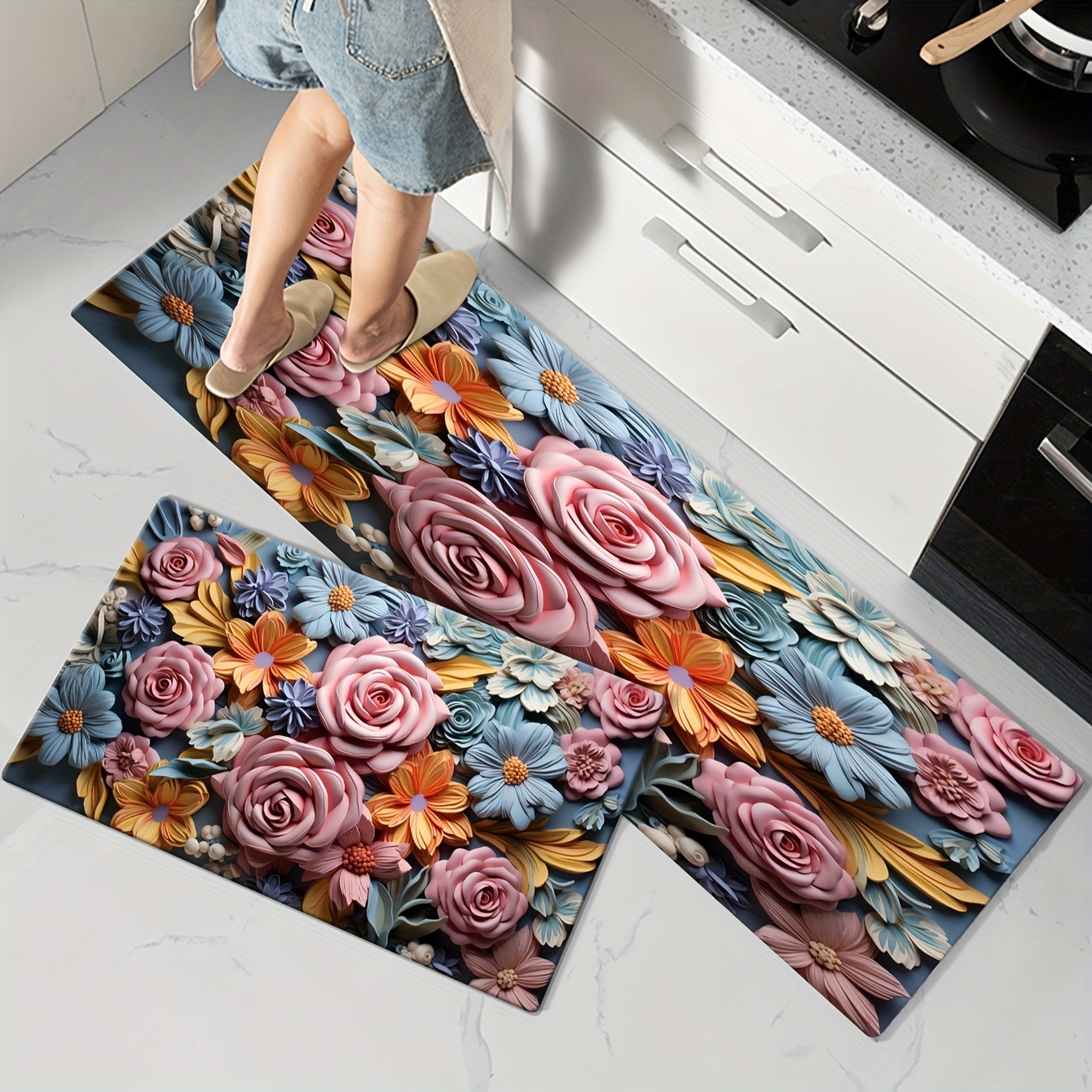 2pcs Non Slip Bathroom Runner Rugs Hallway Carpet Bathroom Bath Mat Kitchen  Carpet Bathmats Long Runner Wshable House Accessories Apartment Decor  Essential Must Haves,Naked eye 3D oil painting style