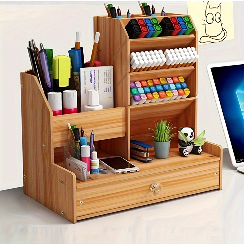 Wooden Desk Organizer, Multi-Functional DIY Pen Holder Box