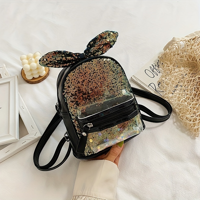 Girls Sequin Rabbit Ears Backpack PU Leather Schoolbag