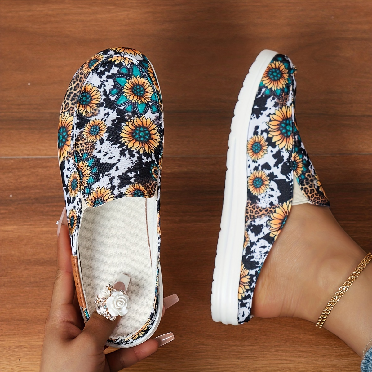 Women's Floral Print Flat Mules Casual Round Toe Slip Canvas - Temu