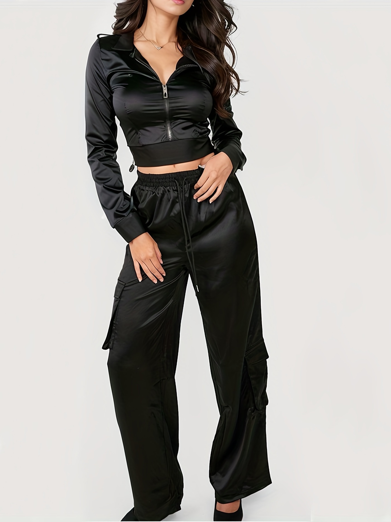 Black Satin Drawstring Wide Leg Pants