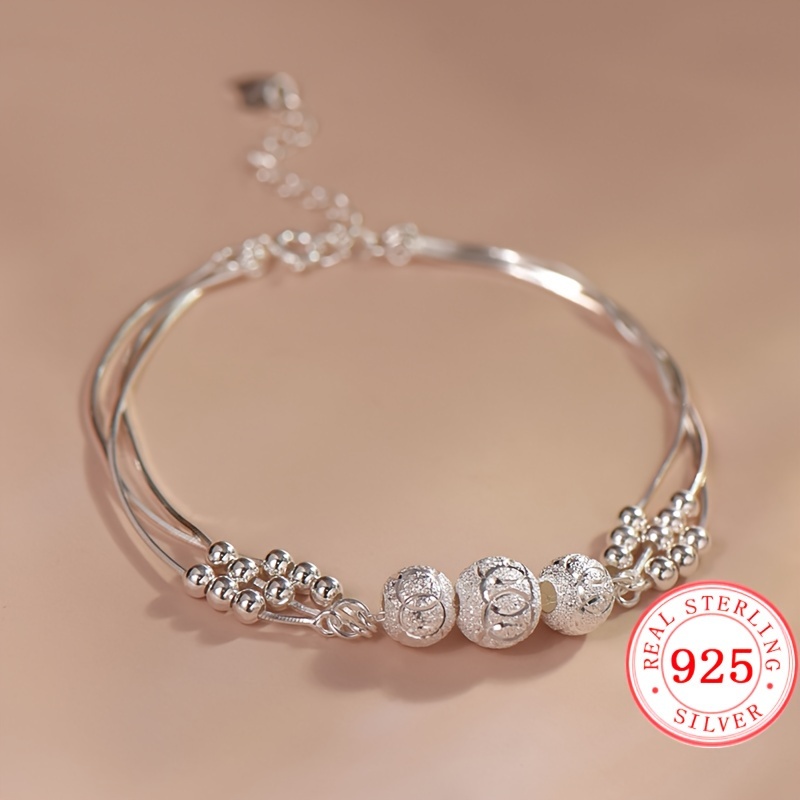 

1pc S925 Sterling Silver Beads Charm Multi-layer Frosted Bracelet, Valentine's Day Gift For Girls