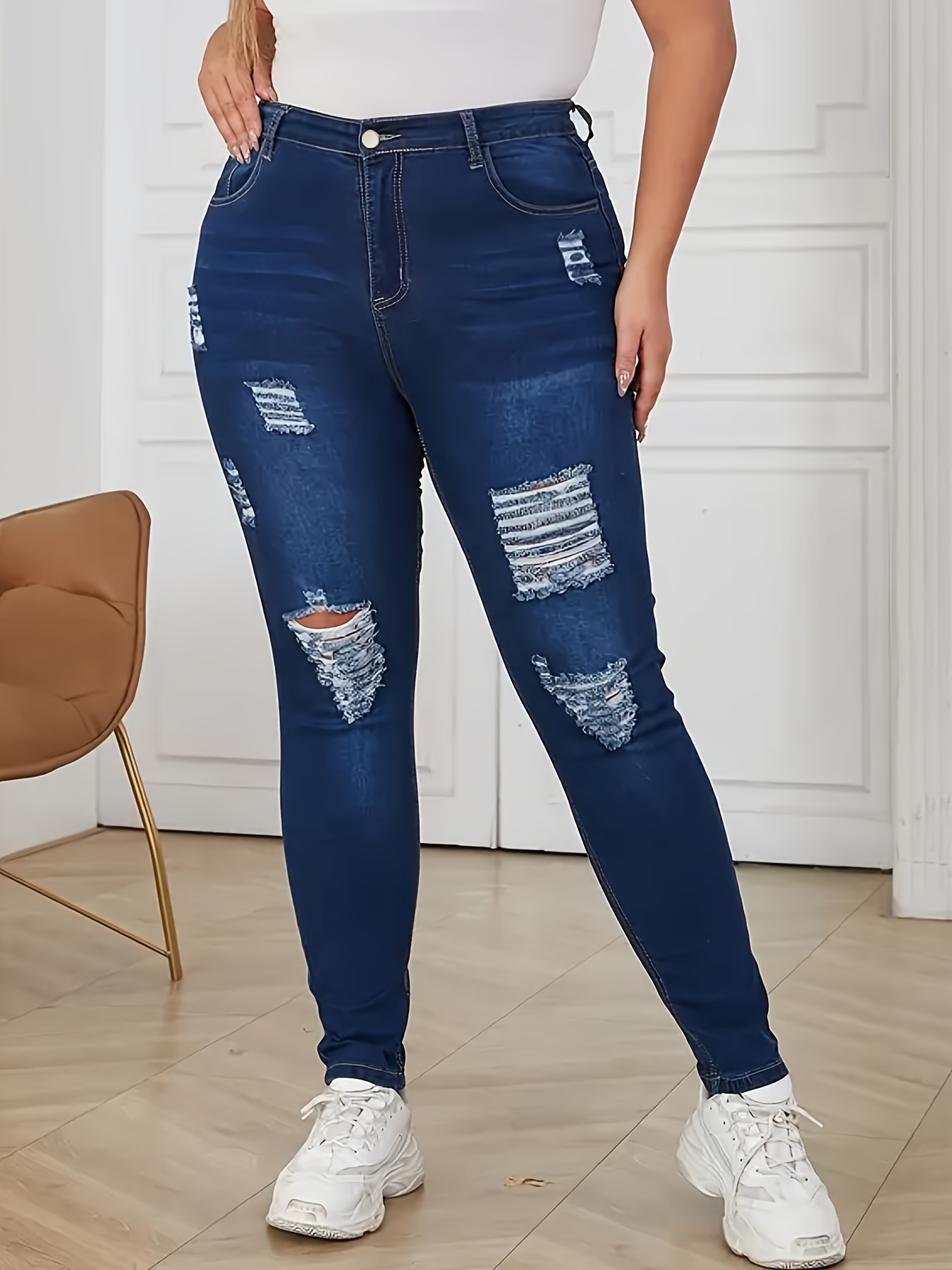 Plus Size Ripped High Button Fly Skinny Jeans Women's - Temu Canada