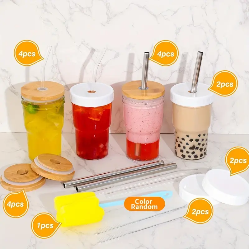 Glass Cups With Lids And Straws, Glass Smoothie Boba Cup, With