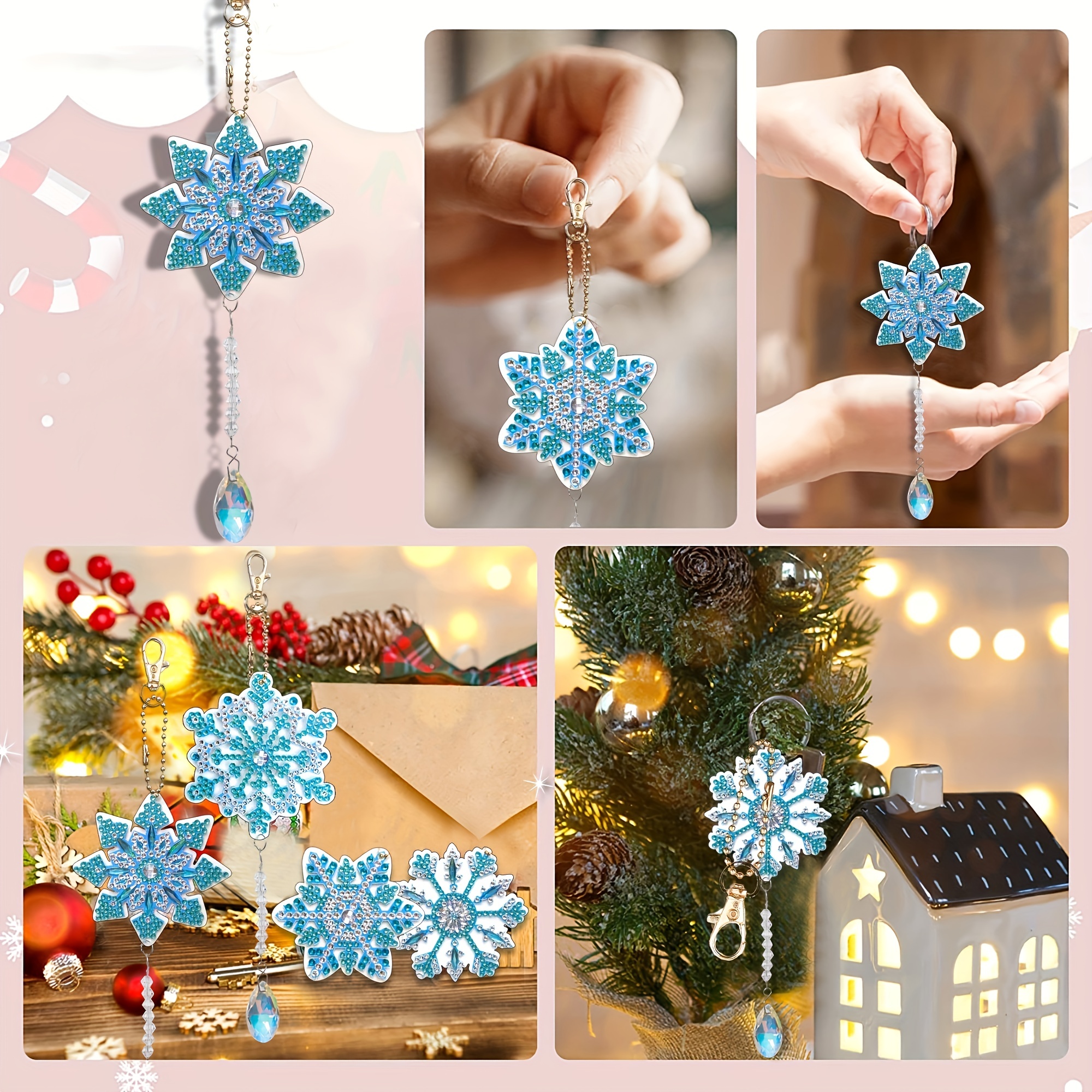 12pcs Diamond Art Christmas Ornaments Diamond Painting Keychains 5D DIY Diamond Art Pendants Double Sided Snowflake Hanging Diamond Painting Key