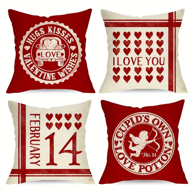 4 Pcs Vintage Valentine's Day Pillow Covers 18 x 18 Inch Retro Valentine  Cushion Pillow Covers Red Heart Love Pillow Cover Holiday Anniversary  Wedding
