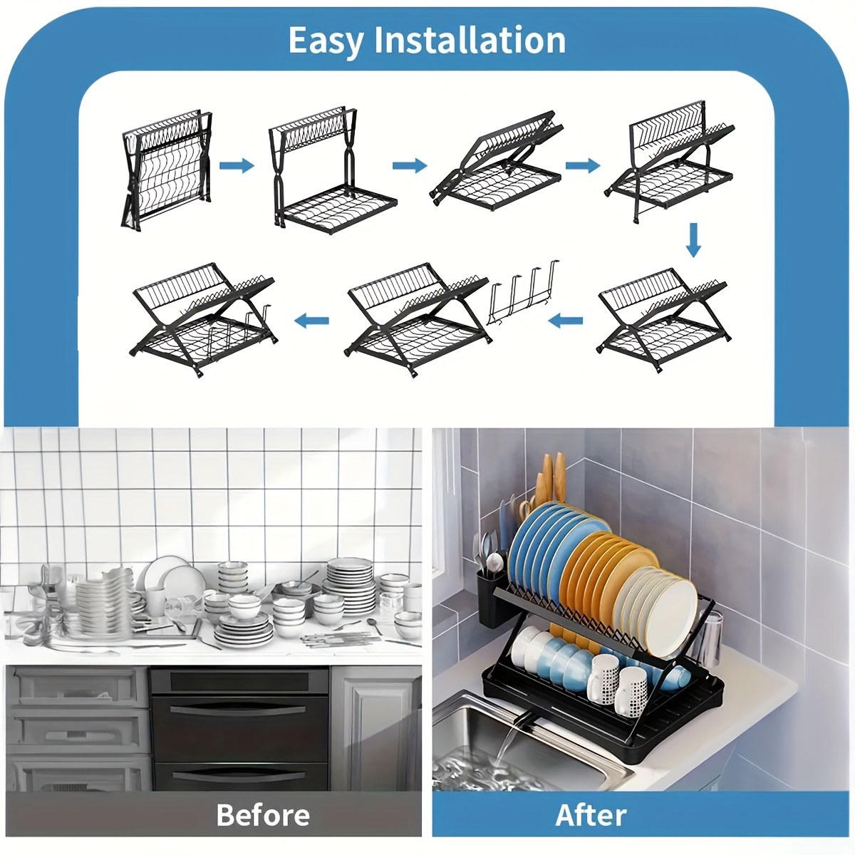 1pc Easy Life Dish Drying Rack Collapsible: 2-Tier Dish Rack With  Drainboard, Self Draining Dish Dryer For Kitchen Counter Rustproof,  Foldable Utensil