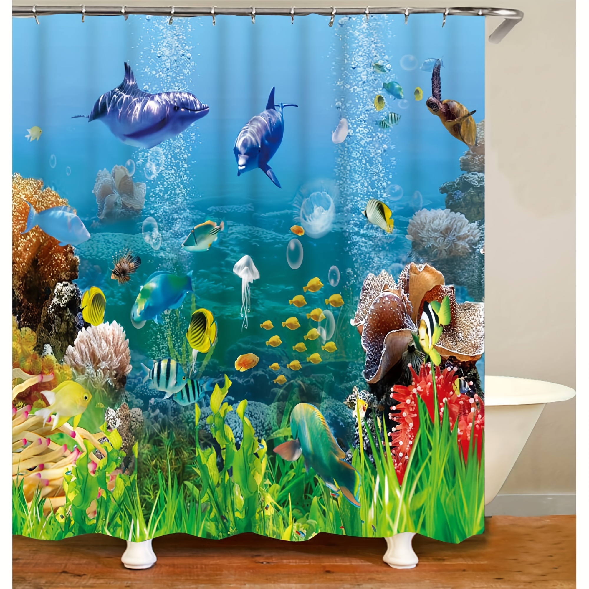 Fish Bubble Print Shower Curtain Hooks Waterproof Mildew - Temu