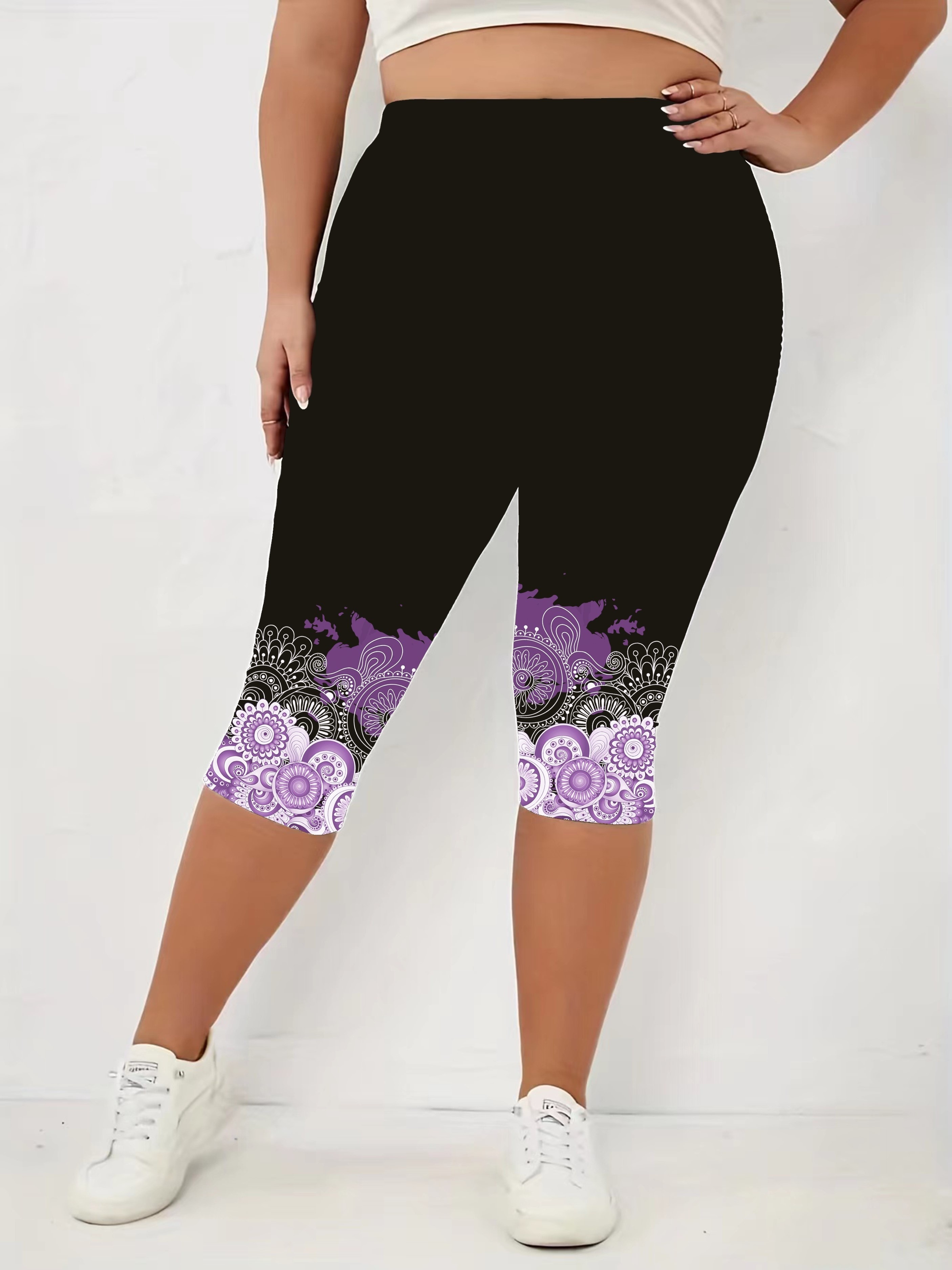 Plus Size Casual Capri Leggings Women's Plus Floral Print - Temu Philippines