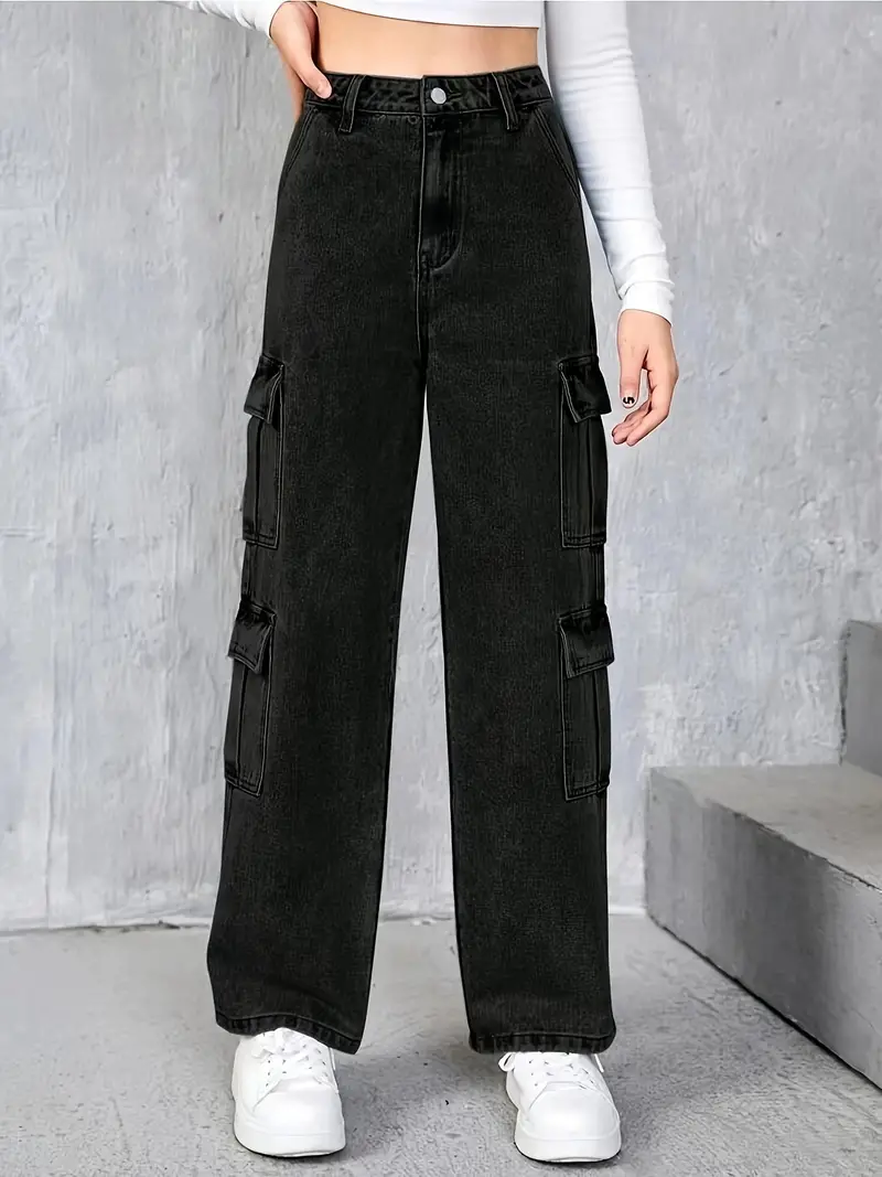 Girls Solid Denim Straight Leg Cargo Pants, Stylish Versatile Cargo  Trousers For Street Outwear, Kids Bottoms