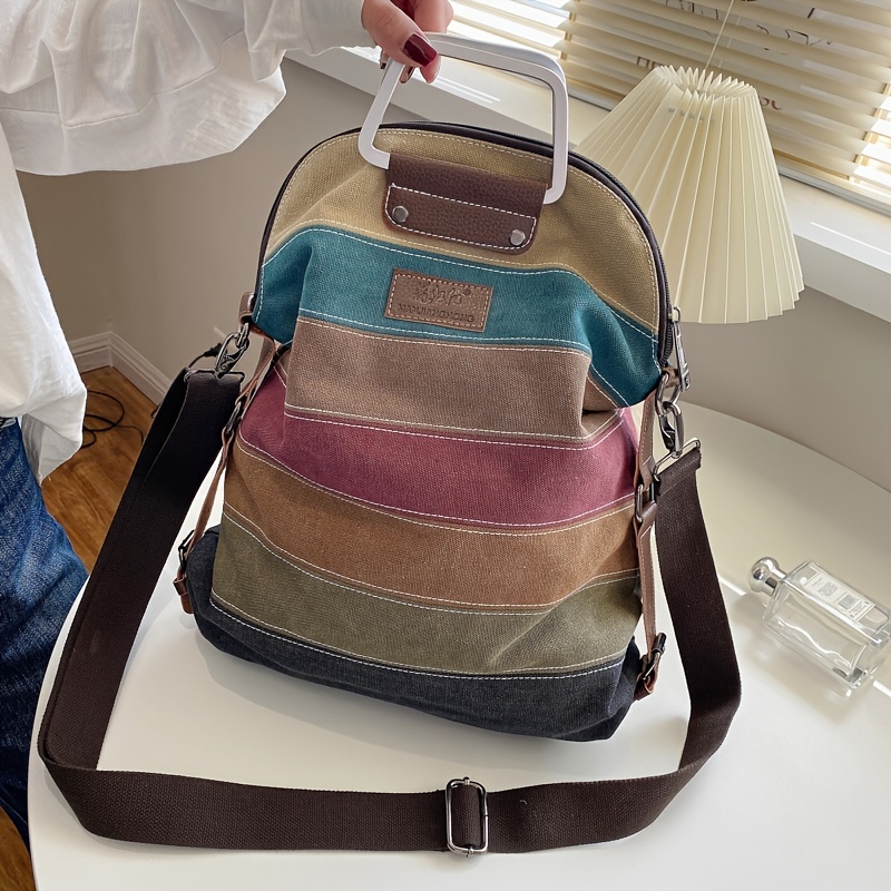 Multi Color Striped Canvas Backpack Women's Top Handle Daypack Functional Shoulder Bag