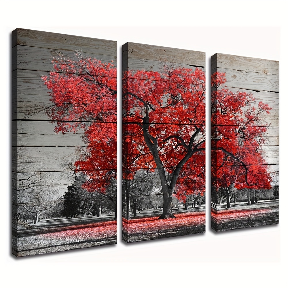 Three Piece Wall Art Black and Red Paintings on Canvas Retro Town