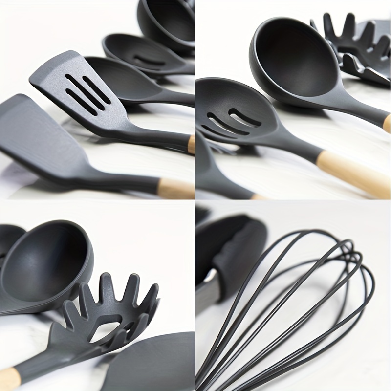 12PCS Kitchen Utensil Set Black, Silicone Cooking Utensils Set Non Toxic Non  Stick Heat Resistant, Wooden Handles Cooking Tool, Silicone Kitchen Gadgets  Utensil, Kitchen Accessories