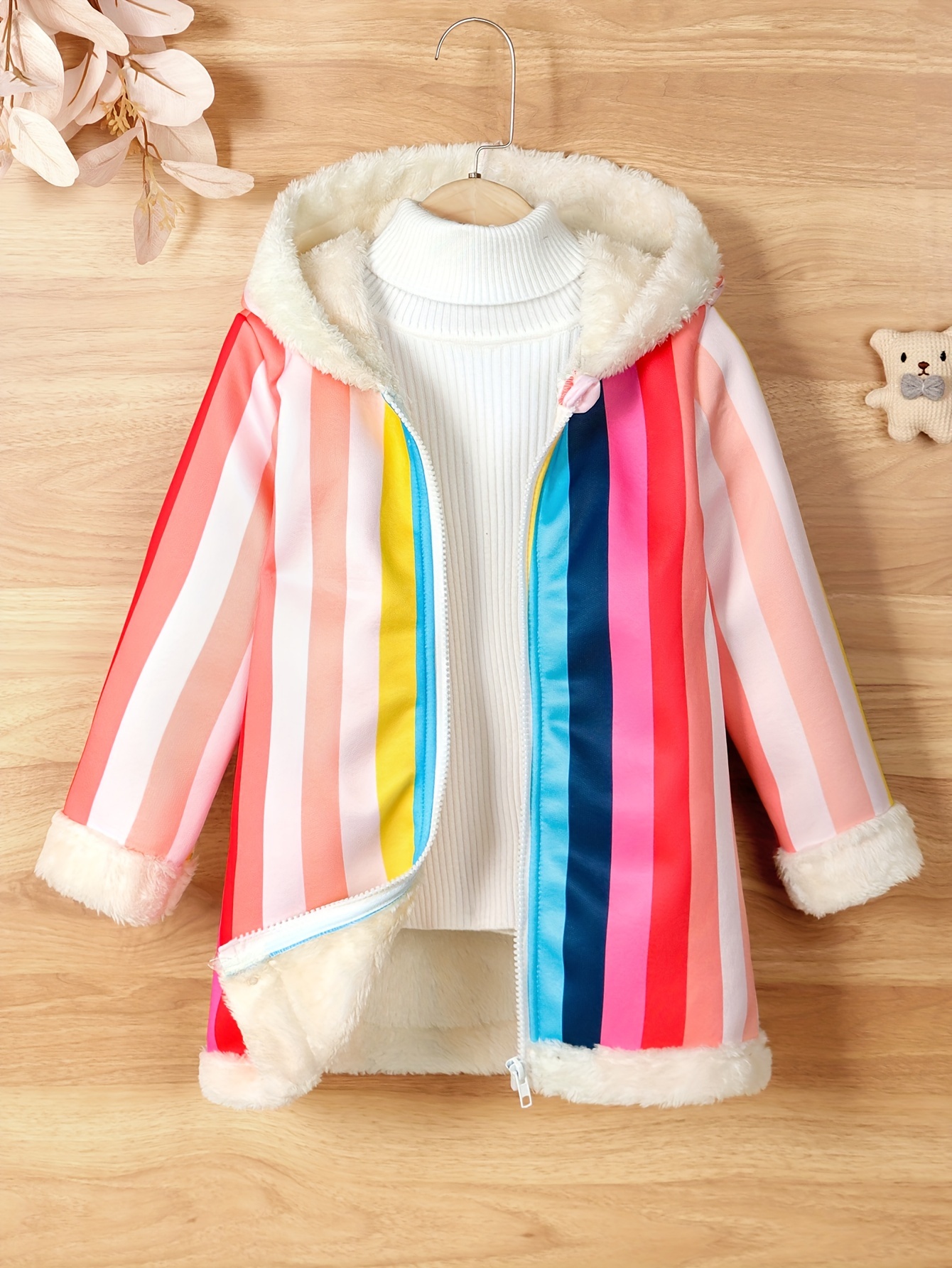 Winter Colorful Striped Hooded Coat For Girls, Fleece Warm Jacket Coat,  Children's Clothes