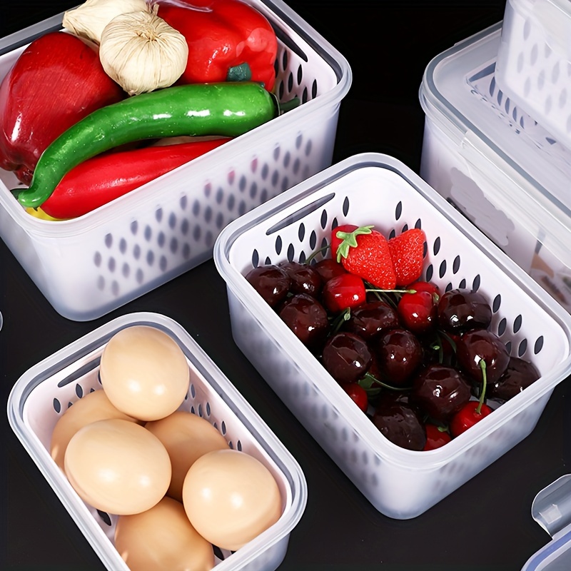 Fruit Storage Containers For Fridge With Removable Colanders, Refrigerator  Fruit Vegetable Crisper, Dumpling Meat Eggs Ginger Garlic Green Onion Food  Storage Containers, Dishwasher Safe, Home Kitchen Utensil - Temu