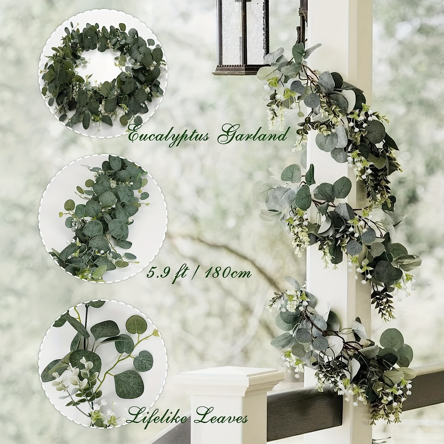 1pc/4pcs, Eucalyptus Garland With White Flowers 5.9FT/180cm Silver Dollar  Eucalyptus Leaves Gypsophila Garland Artificial Greenery Vines For Wedding P