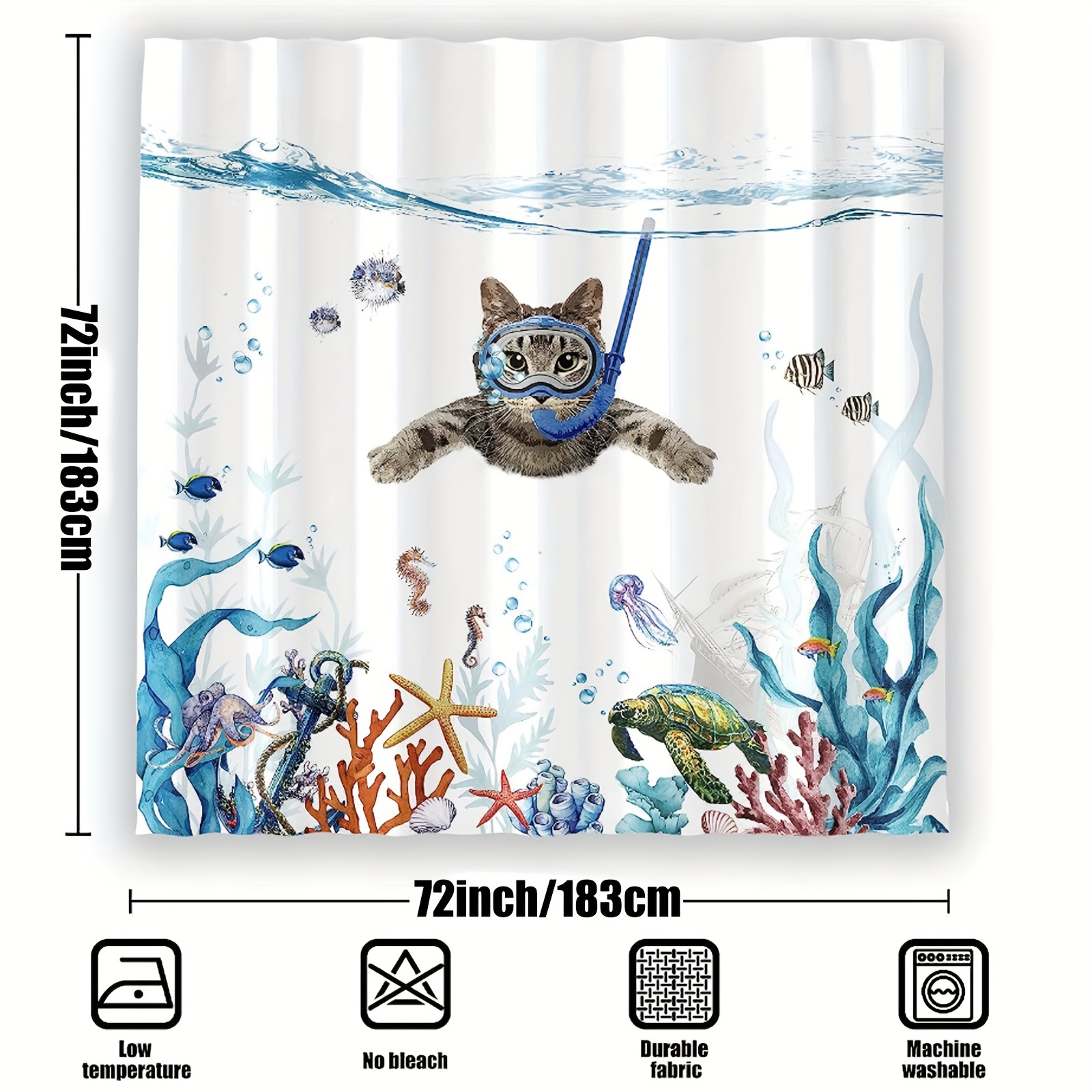Funny Cat Shower Curtain Blue Sea Ocean Underwater Fish