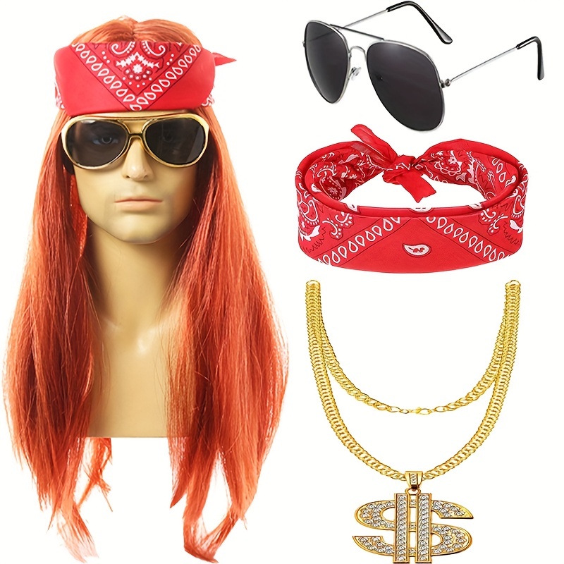 1 Set Punk Dress Up, Men's 80s Rock Costume Accessories (wig*1+head Scarf*1+sunglasses*1+sleeves No. 8 and No. 36 Each 1+gloves*1+bracelet*1),Temu