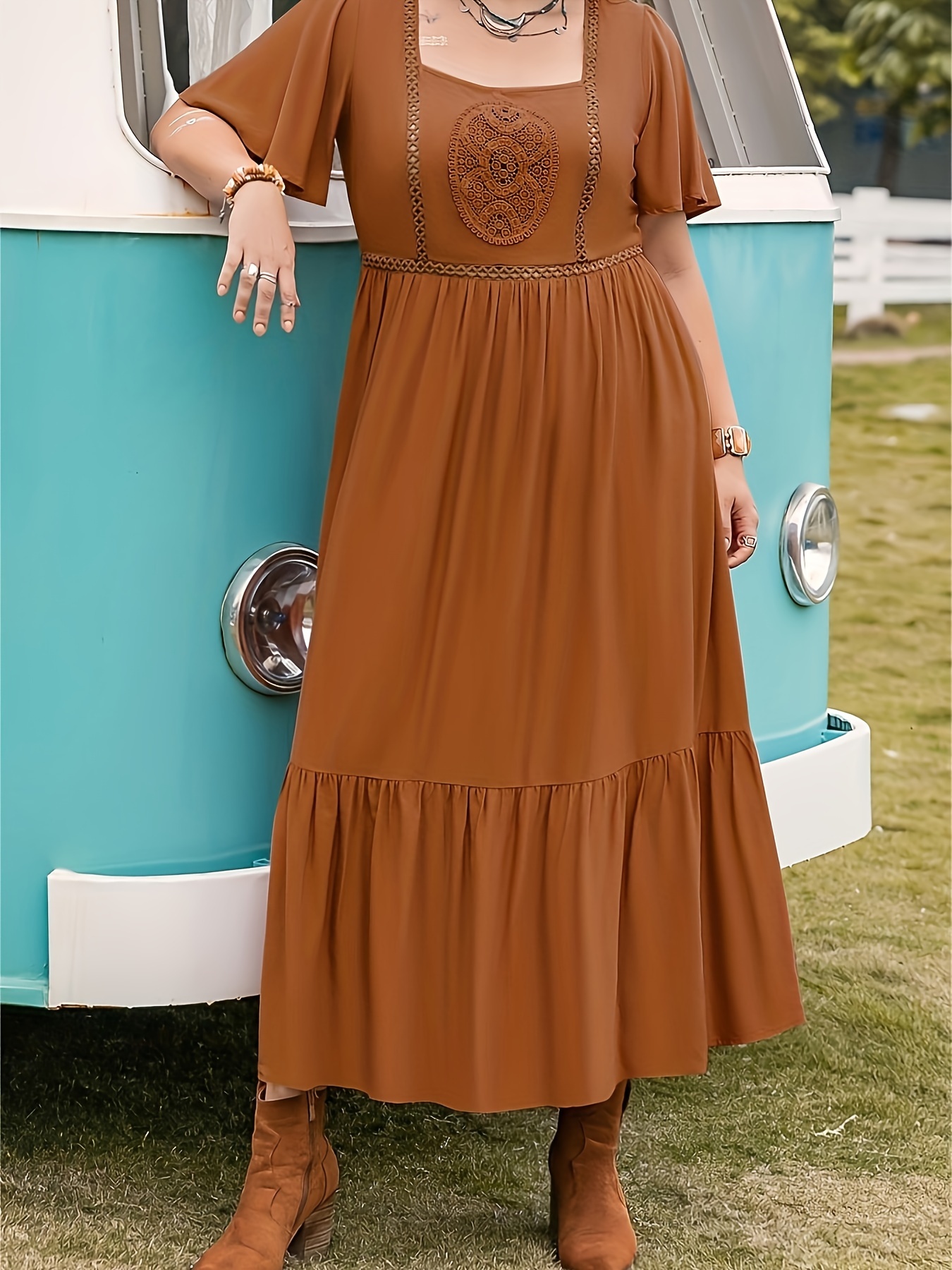 Plus Size boho Dress, Women's Plus Solid Contrast Lace Short Sleeve Round  Neck Maxi Smock Dress