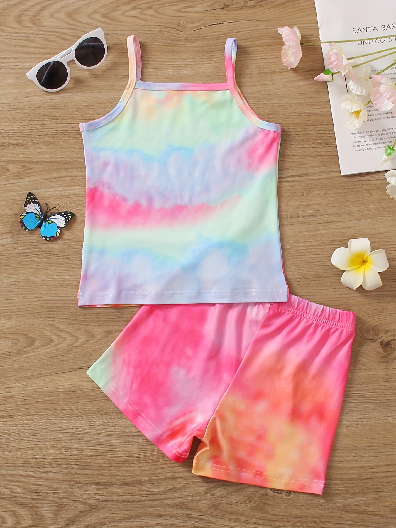 Girls Tie Dye Shorts Suit Cute Girl Graphic Cami Top Shorts - Temu