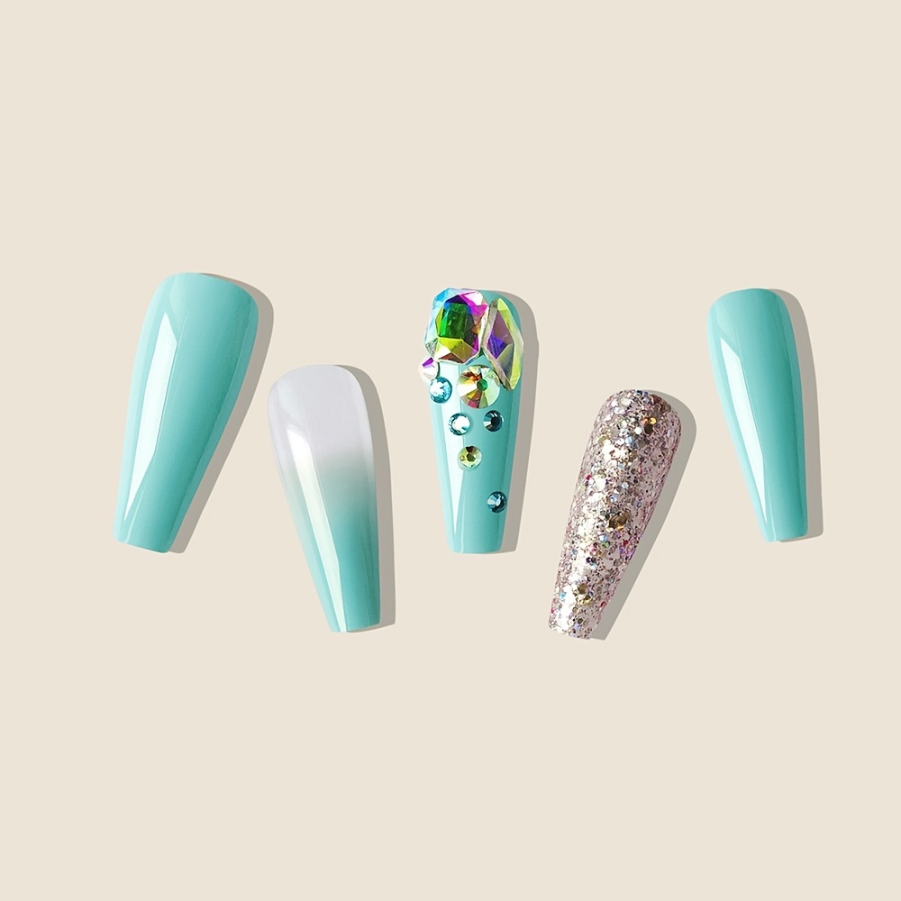 Colorful Rhinestone French Tip Press On Nails With Blue - Temu