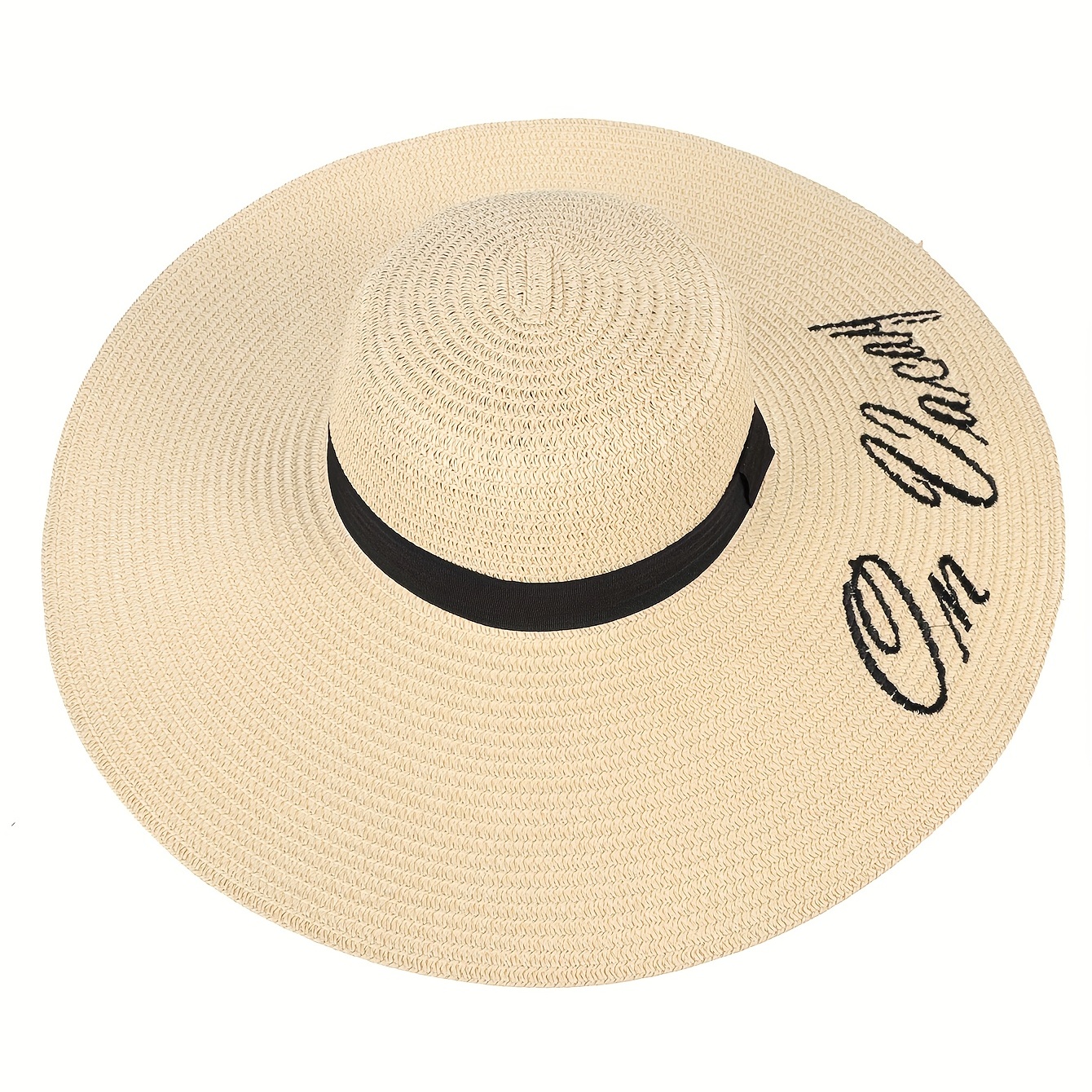 Embroidered Sun Hat Wide Brim Beige Straw Hat