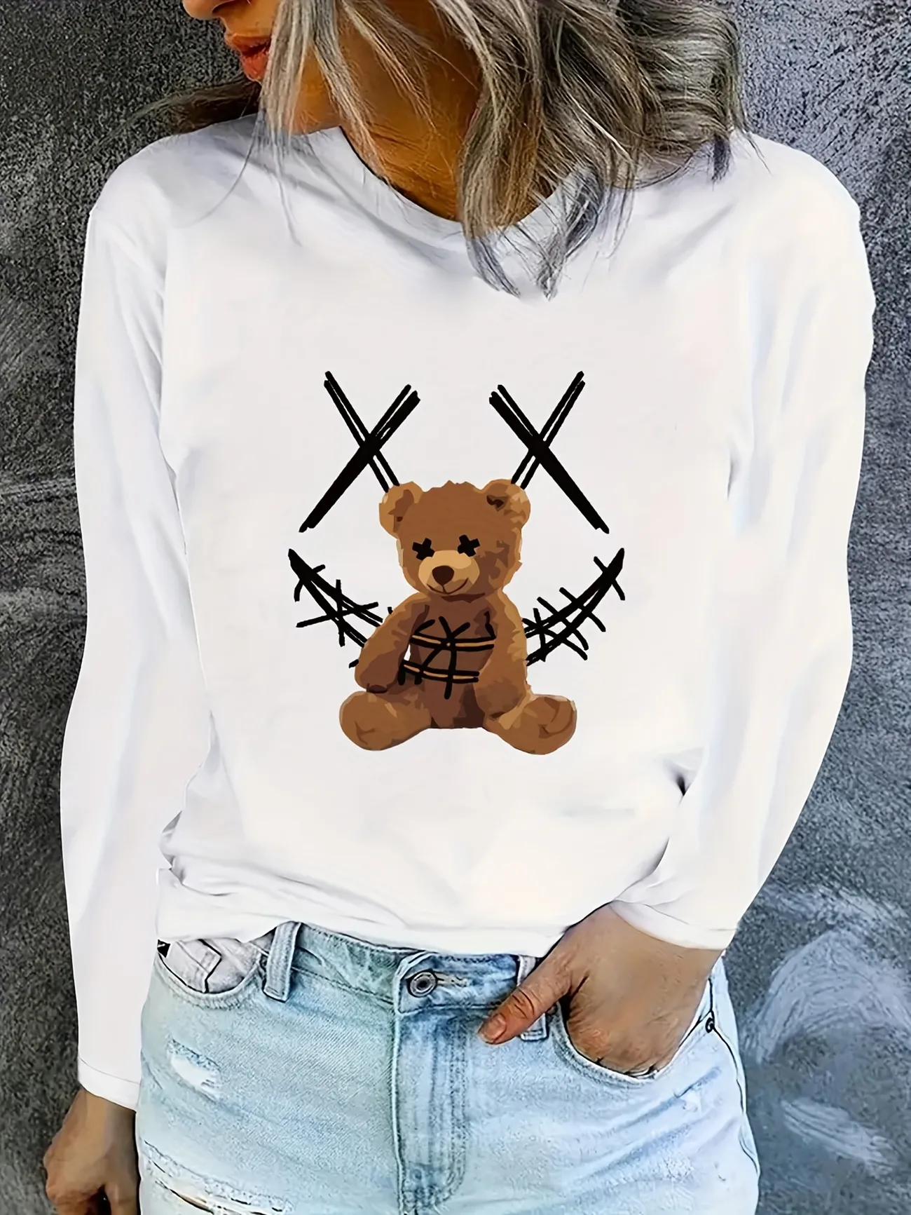 Teddy Bear Print T Shirt Long Sleeve Casual Top For Spring Fall Womens  Clothing, Check Out Today's Deals Now