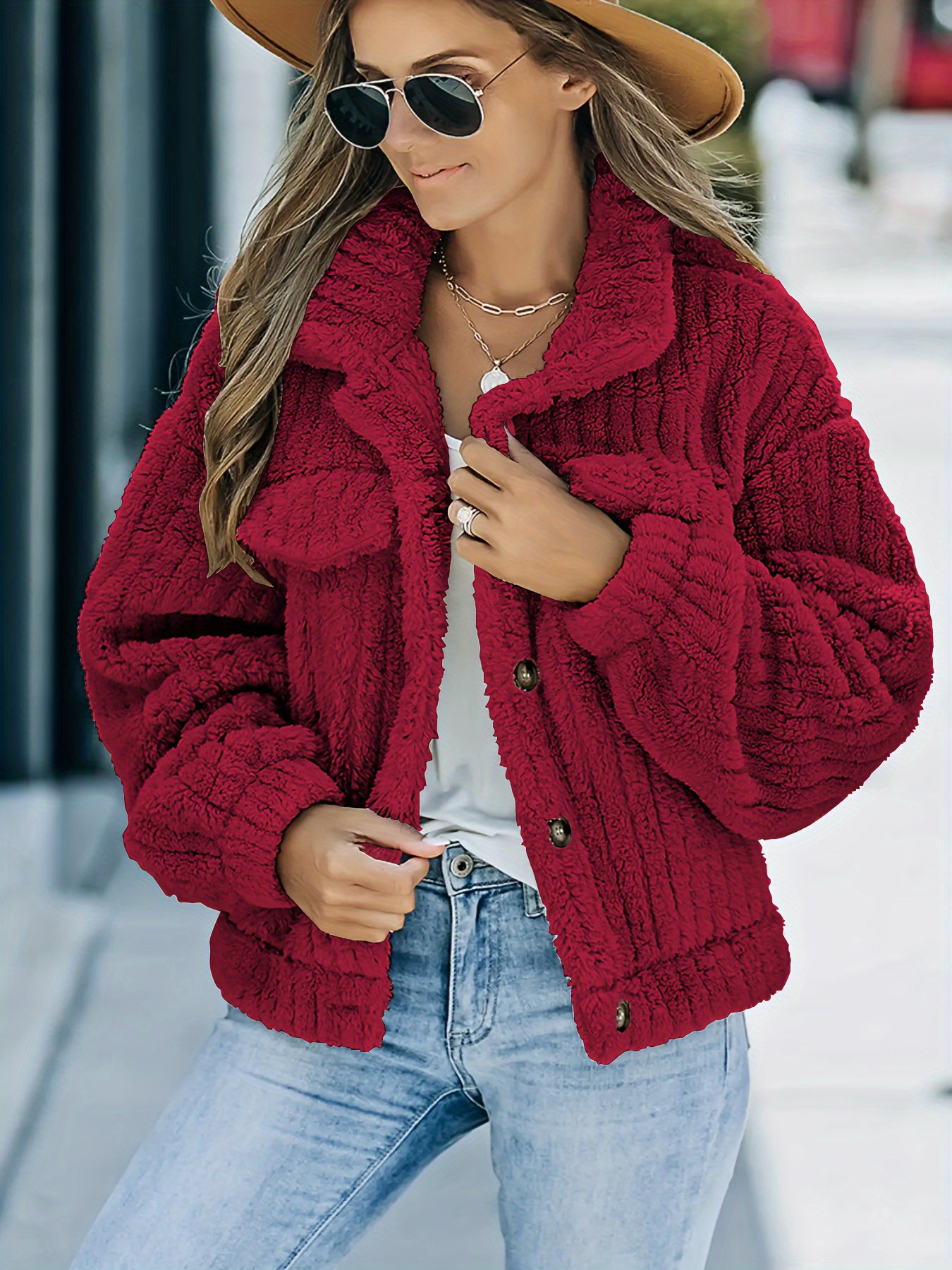 Solid Faux Fur Trucker Jacket, Casual Long Sleeve Jacket For Fall & Winter,  Women's Clothing - Temu Austria