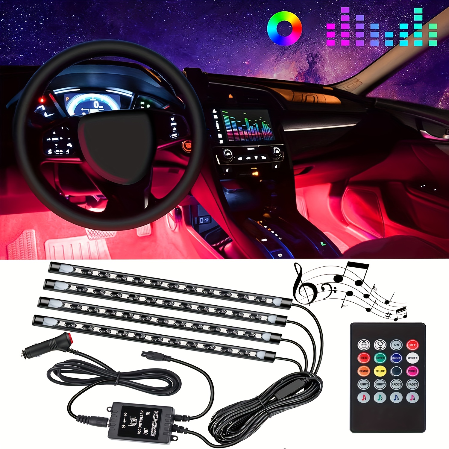Car LED Strip Light, 4pcs 36 LED DC 12V Multicolor Music Car Interior Light  LED Under Dash Lighting Kit with Sound Active Function with Remote Control,  Car Charger 