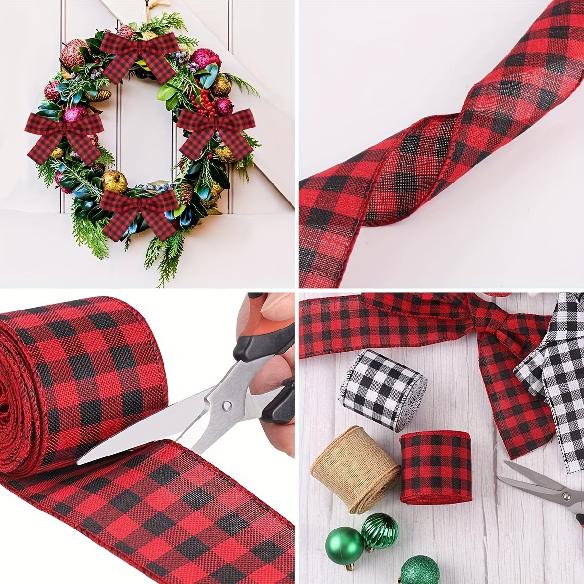19.6 Yard 2.5 inch Wide Buffalo Plaid Ribbons Wired Edges, 2 Rolls Black  and White Checkered Ribbon for Christmas Tree Gift Decorations