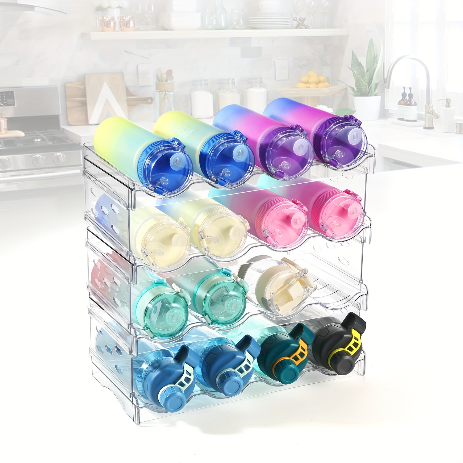  4 Tier Water Bottle Organizer - 16 Bottles, Stackable Cup  Organizer for Cabinet, Countertop, Pantry & Fridge, Free-Standing Kitchen  Tumbler Storage Holder for Wine and Drink Bottles, Clear Plastic : Home