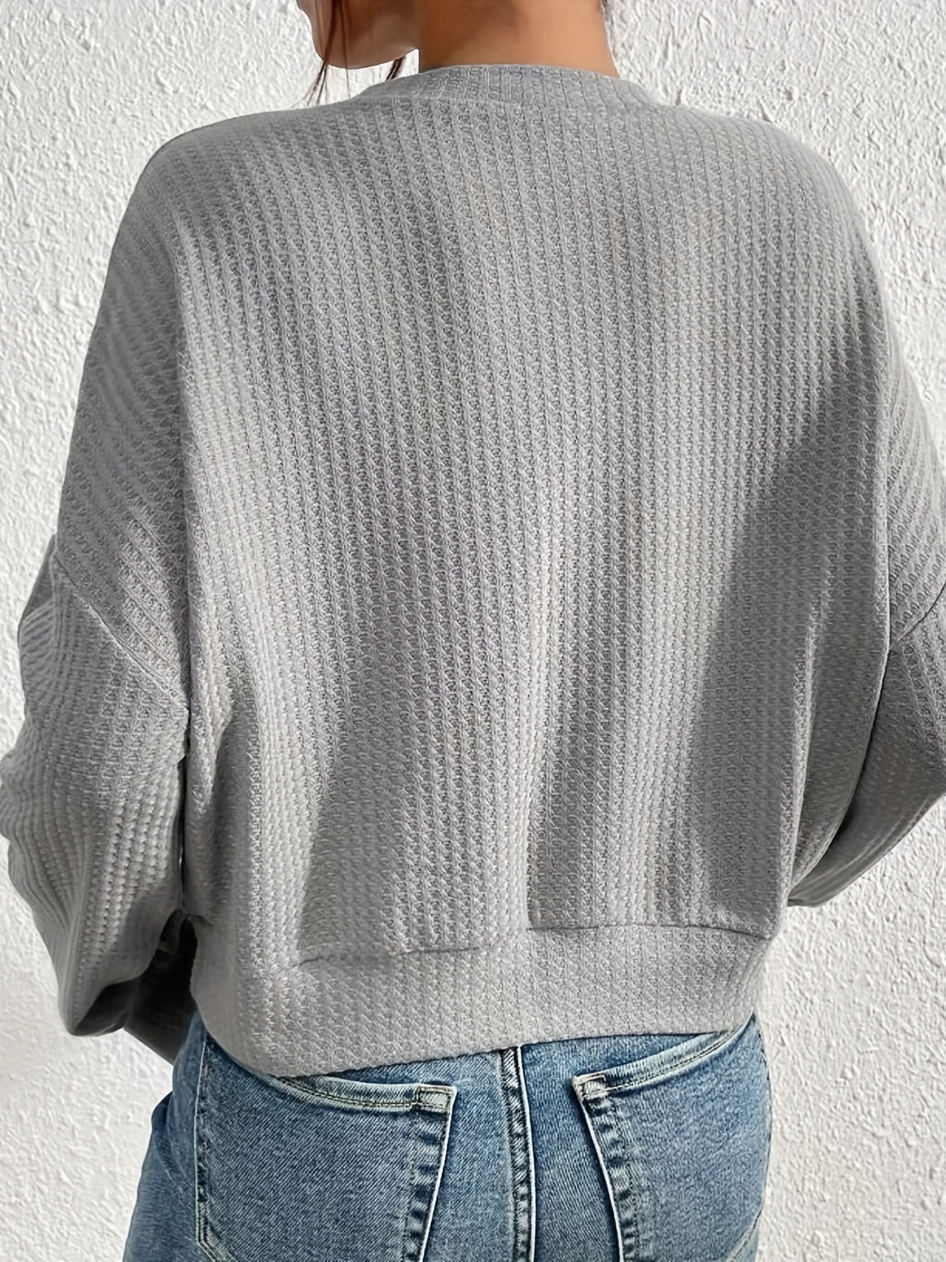 waffle knitted pullover sweater casual long sleeve crew neck sweater womens clothing details 4