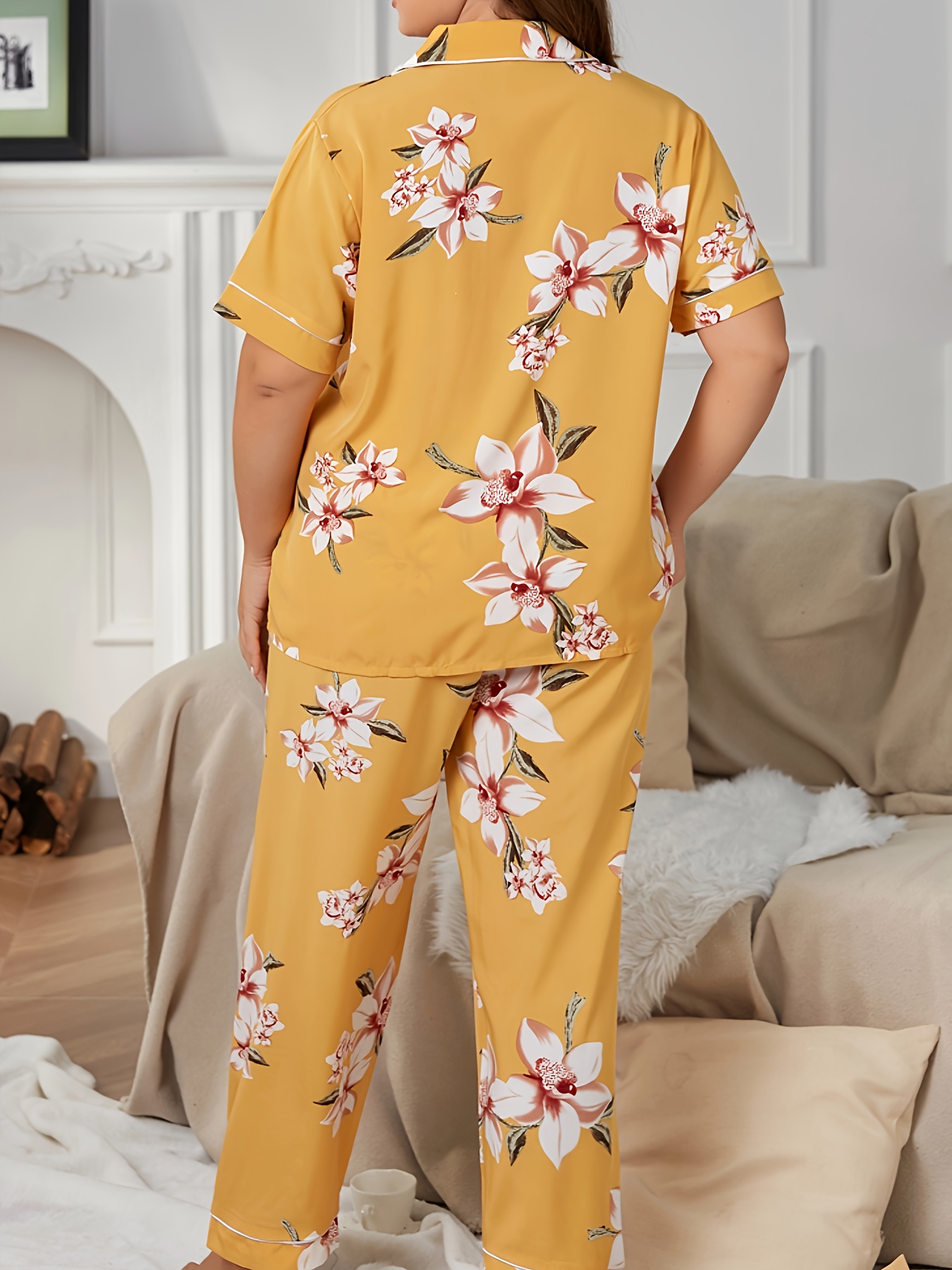 Plus Size Elegant Pajamas Set, Women's Plus Floral Print Contrast Binding  Short Sleeve Button Up Shirt & Pants Lounge 2 Piece Set