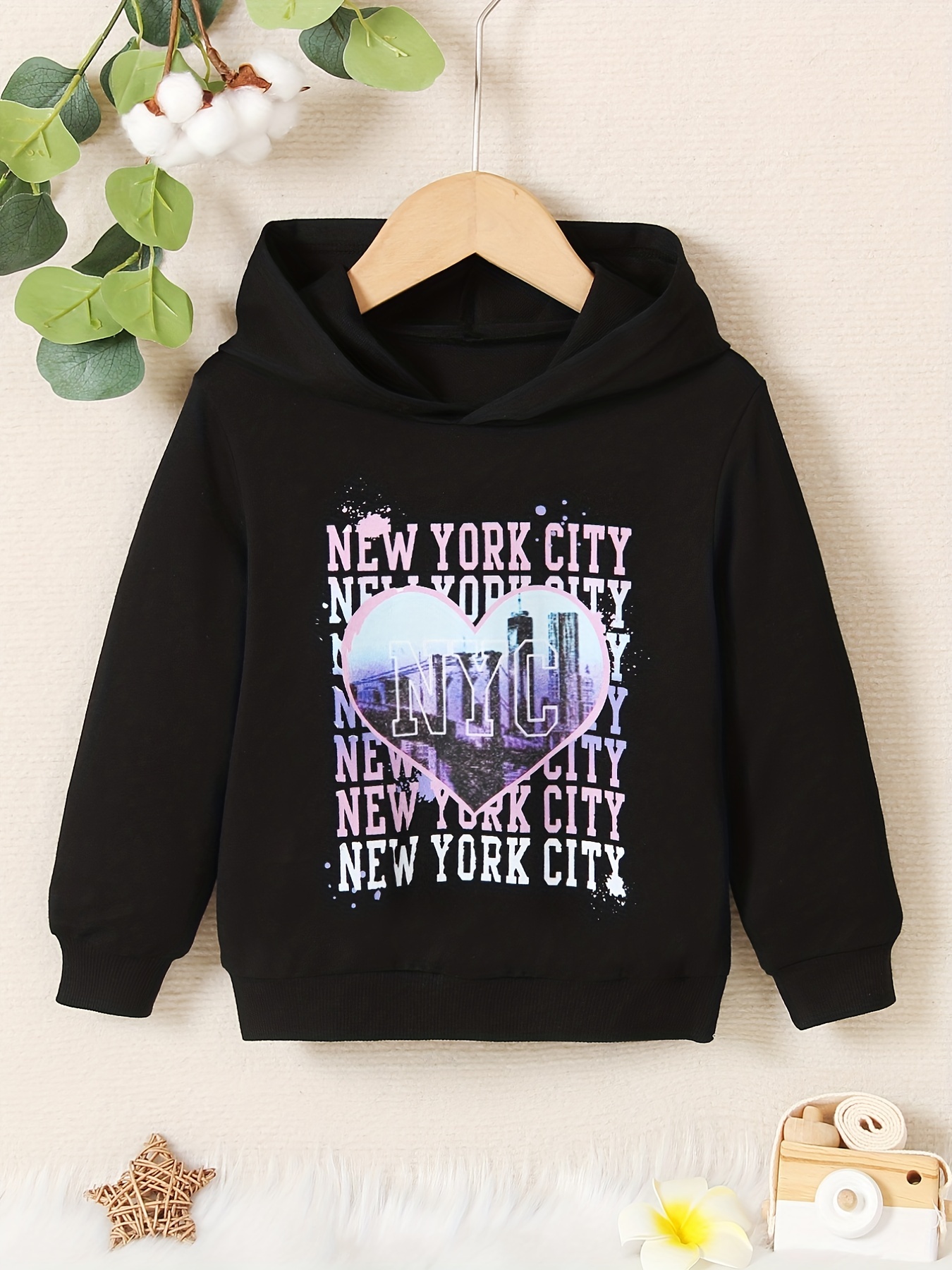 New York Letter Print Girls' Long Sleeve Pullover Sweatshirt - Temu