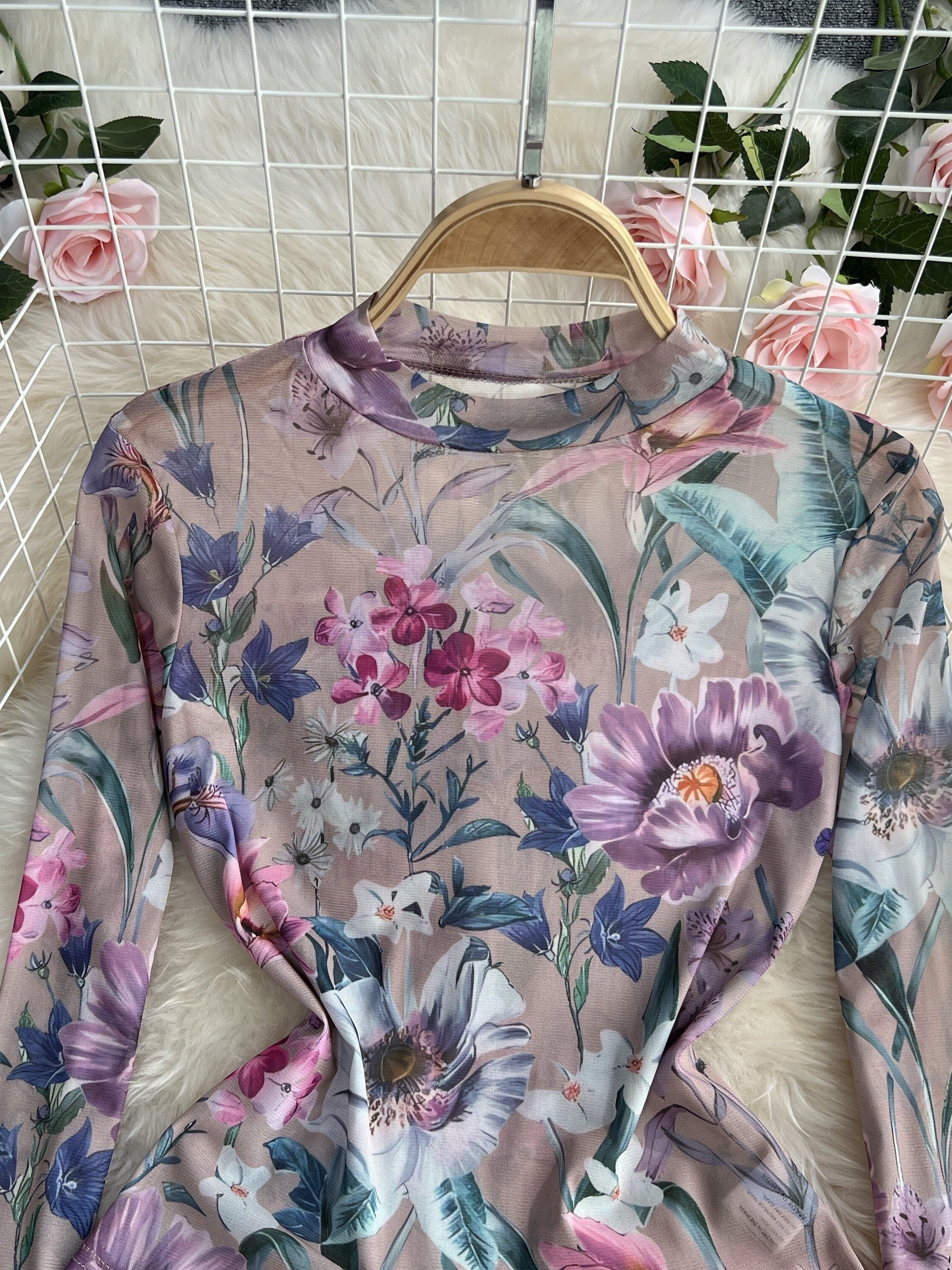 Fitted Mesh Floral Crew Neck Long Sleeve Bodysuit